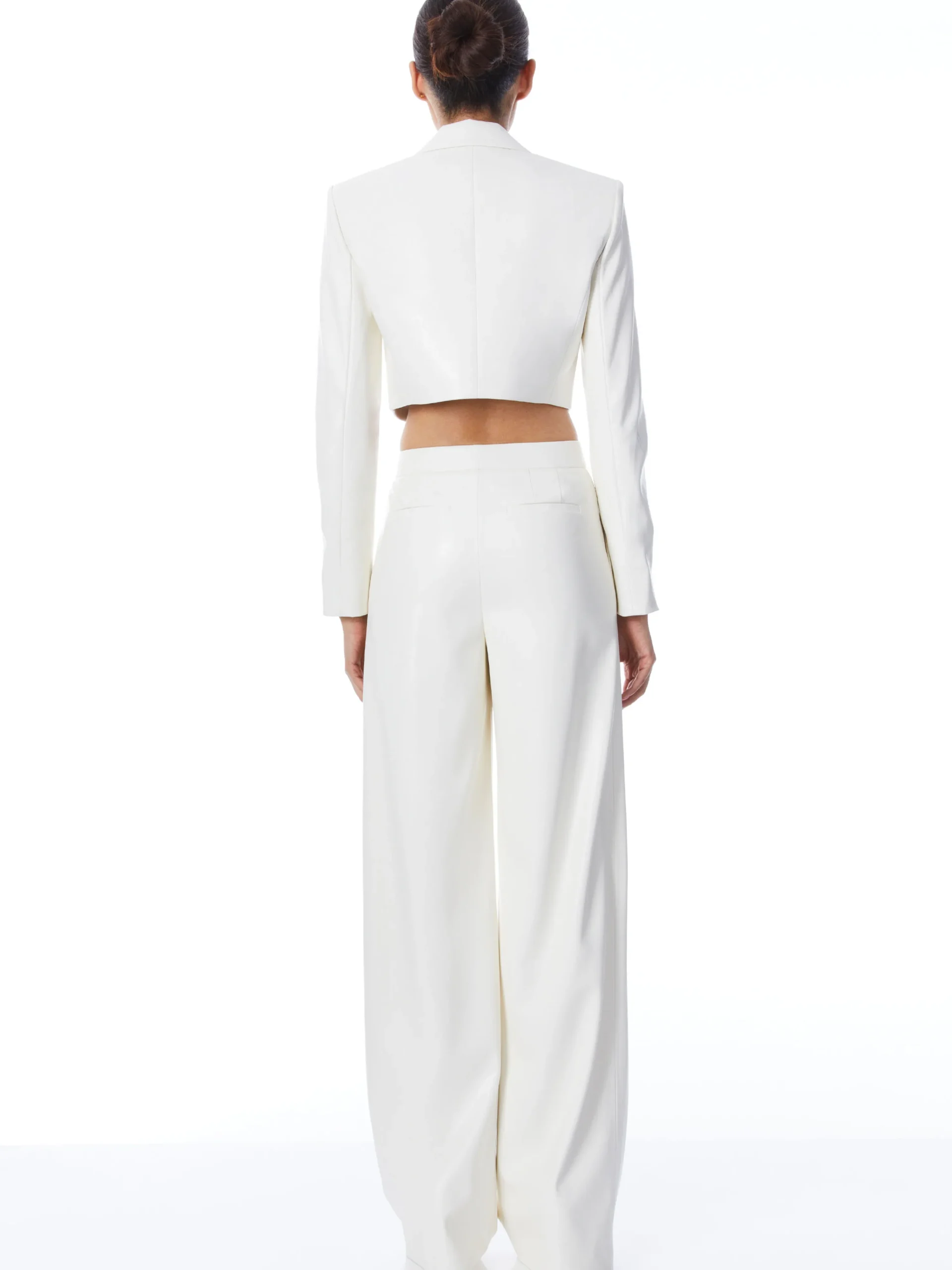Alice and Olivia ABBOTT CROPPED RUCHED SLEEVE VEGAN LEATHER BLAZER ECRU*FEATURED SHOPS | FEATURED SHOPS | CLOTHING