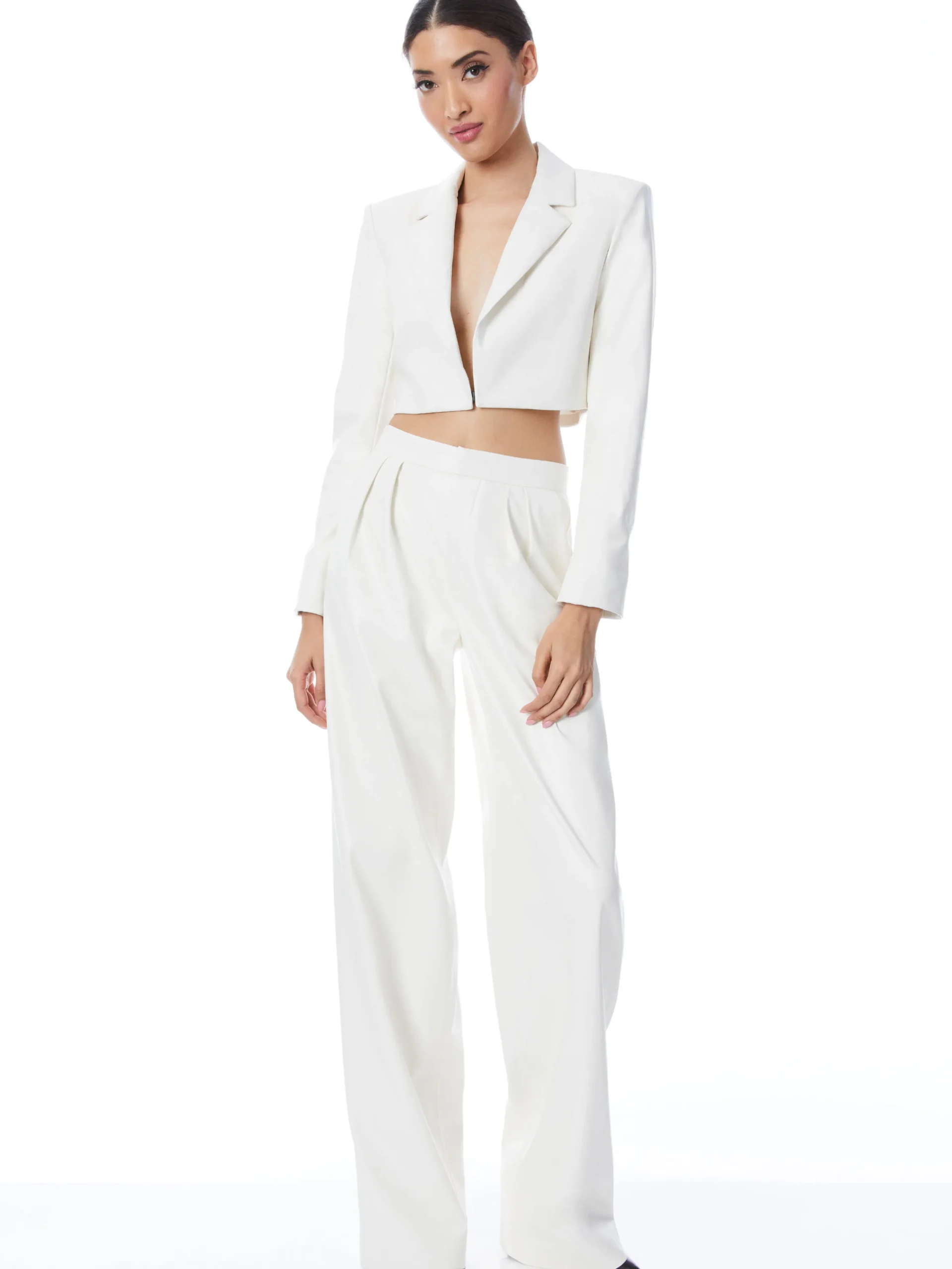 Alice and Olivia ABBOTT CROPPED RUCHED SLEEVE VEGAN LEATHER BLAZER ECRU*FEATURED SHOPS | FEATURED SHOPS | CLOTHING