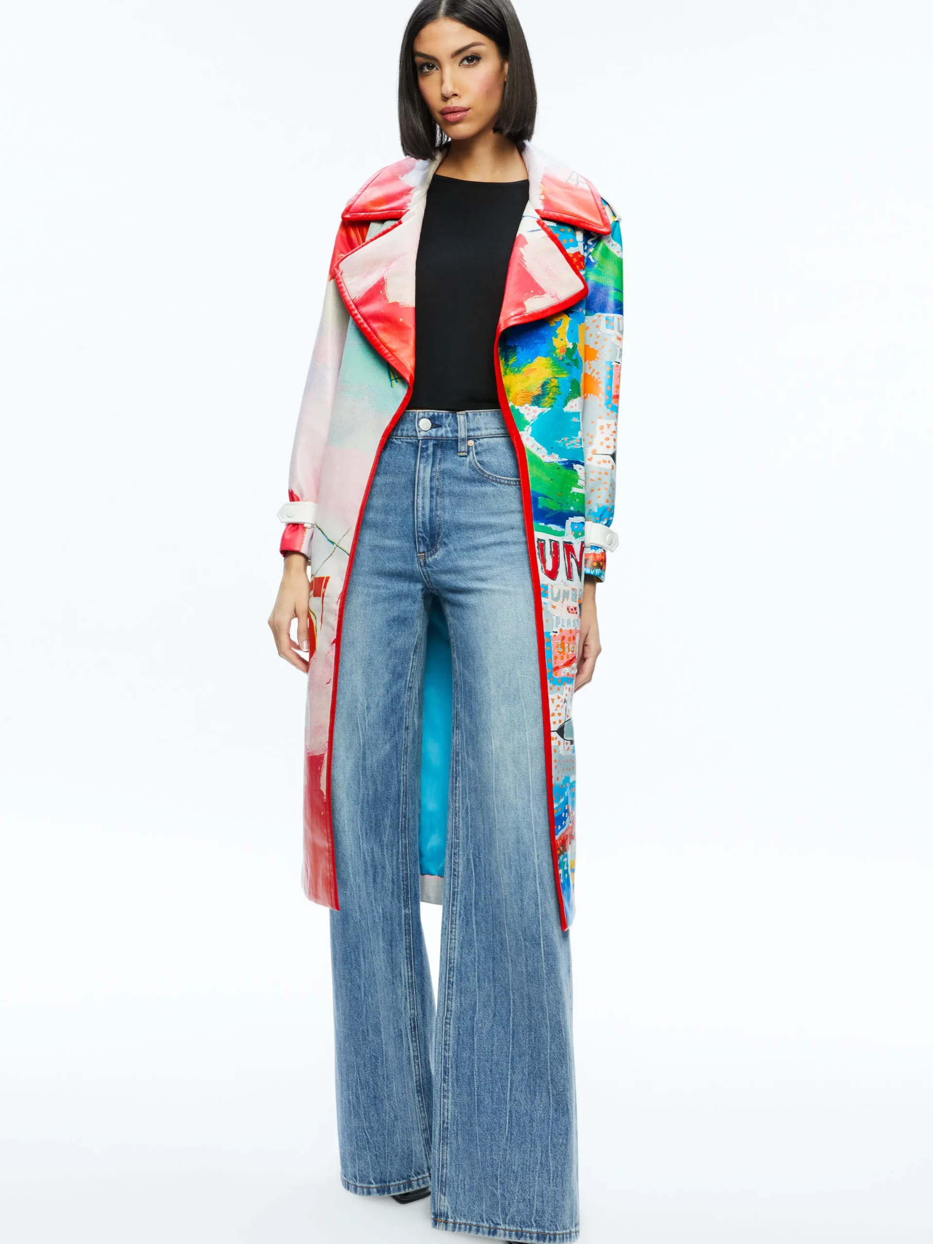 Alice and Olivia A+O X BASQUIAT NEVADA VEGAN LEATHER TRENCH COAT INSIGNIA*FEATURED SHOPS | CLOTHING