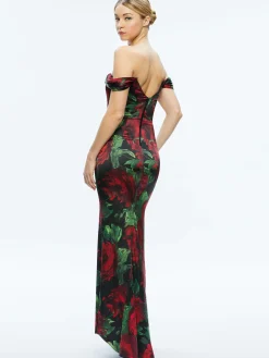 Alice and Olivia ARZA OFF SHOULDER MAXI DRESS CLOUD FLORAL BORDEAUX LG*DRESSES | DRESSES | CLOTHING