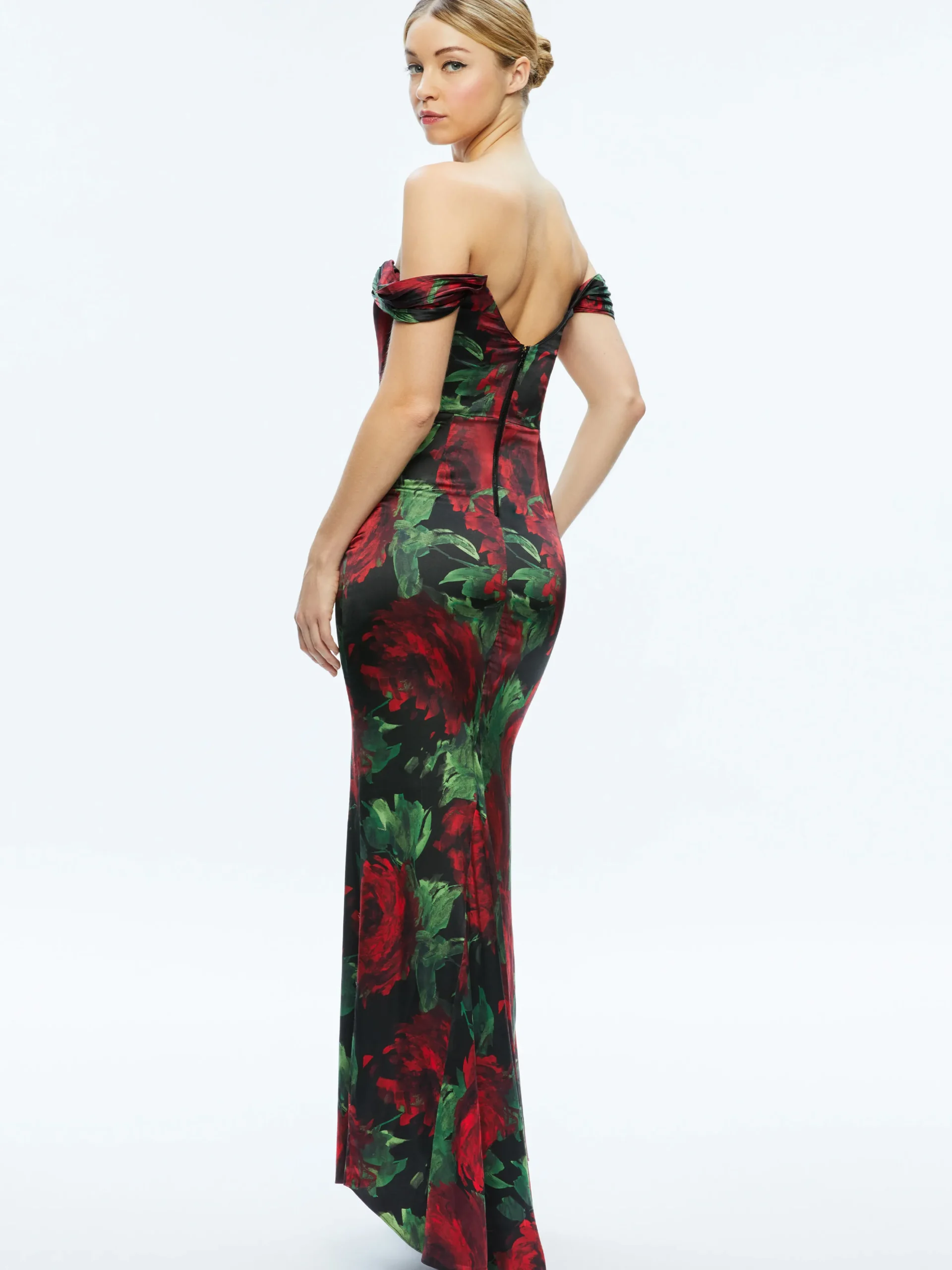 Alice and Olivia ARZA OFF SHOULDER MAXI DRESS CLOUD FLORAL BORDEAUX LG*DRESSES | DRESSES | CLOTHING