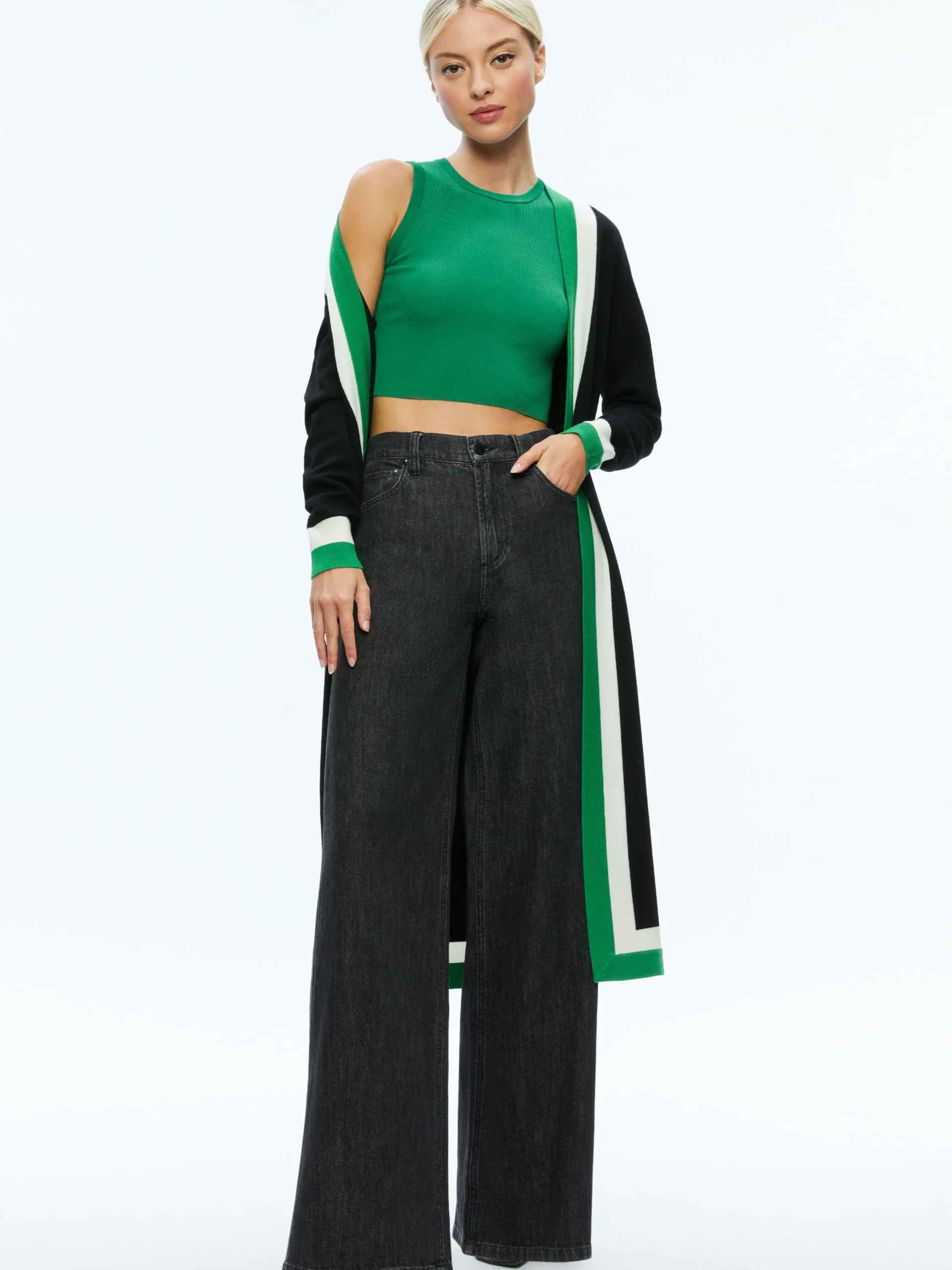 Alice and Olivia BRADFORD CARDIGAN BLACK/LIGHT EMERALD/ECRU*FEATURED SHOPS | CLOTHING