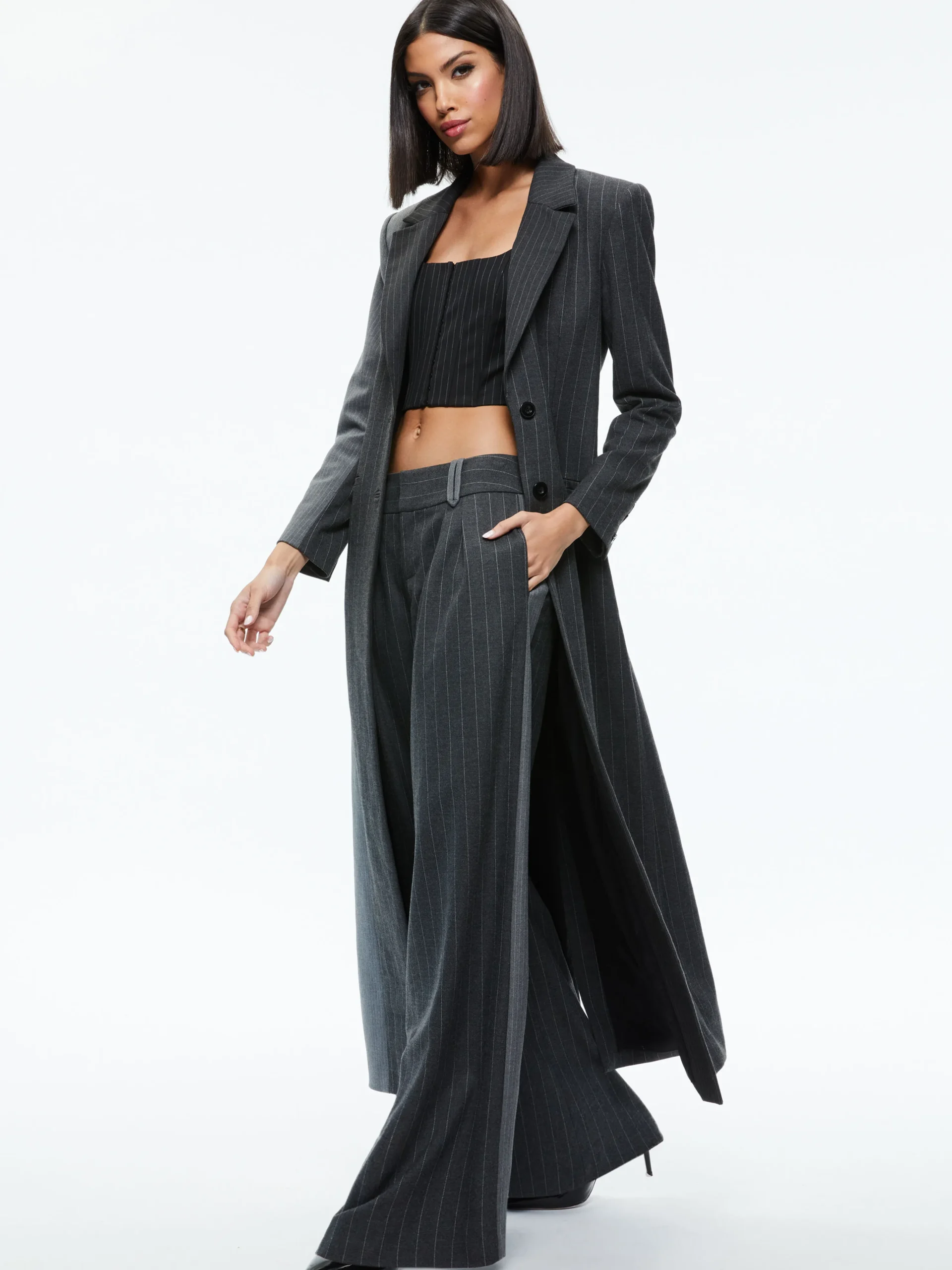 Alice and Olivia BRET LONG BLAZER GREY/CHARCOAL PINSTRIPE*FEATURED SHOPS | CLOTHING