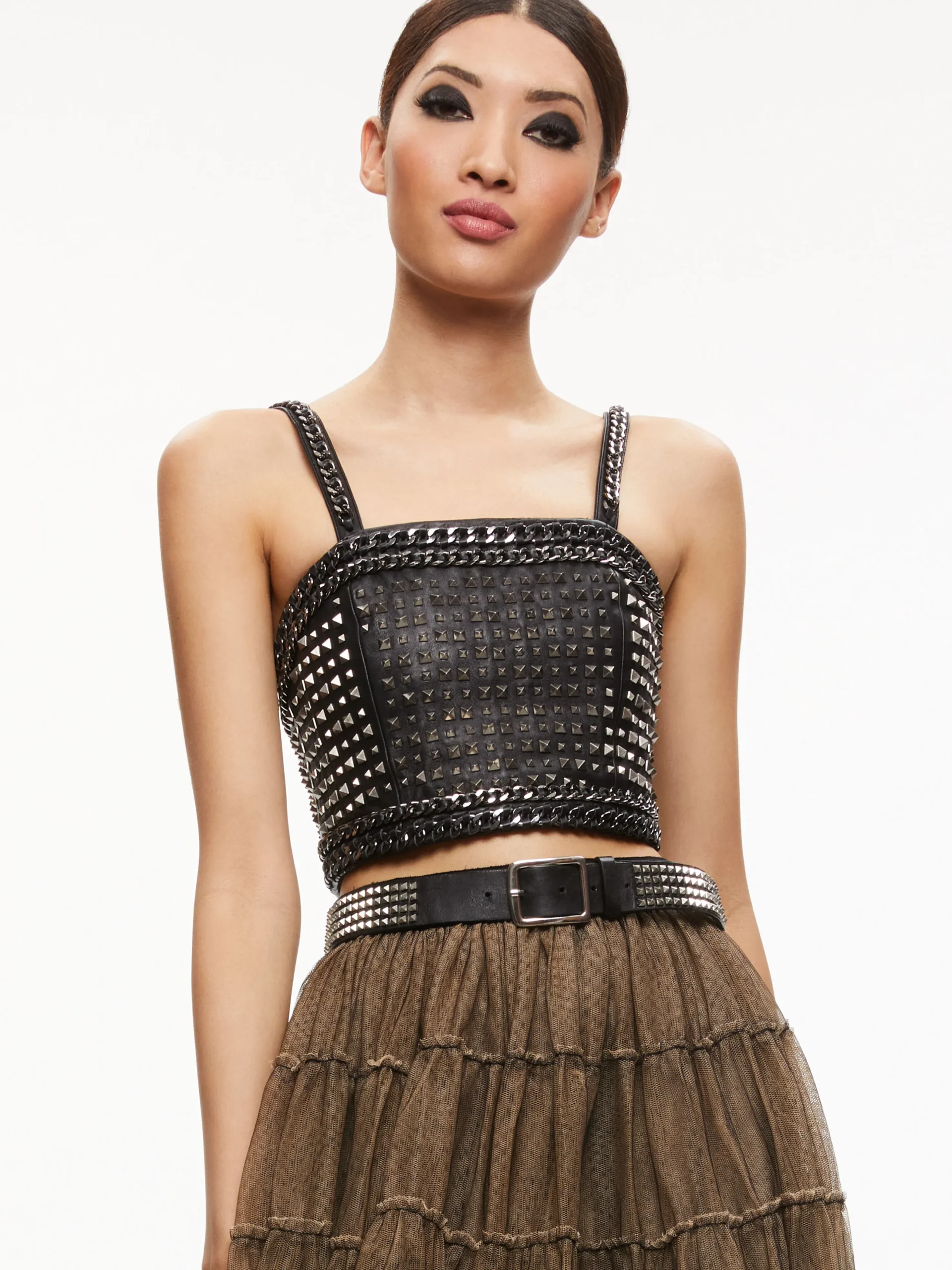 Alice and Olivia CERESI CHAIN STRAP STUDDED TOP BLACK/ANTIQUE NICKLE*CLOTHING