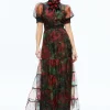 Alice and Olivia COLETTA BOW NECK BUTTON FRONT MAXI DRESS CLOUD FLORAL BORDEAUX LG*DRESSES | DRESSES | CLOTHING