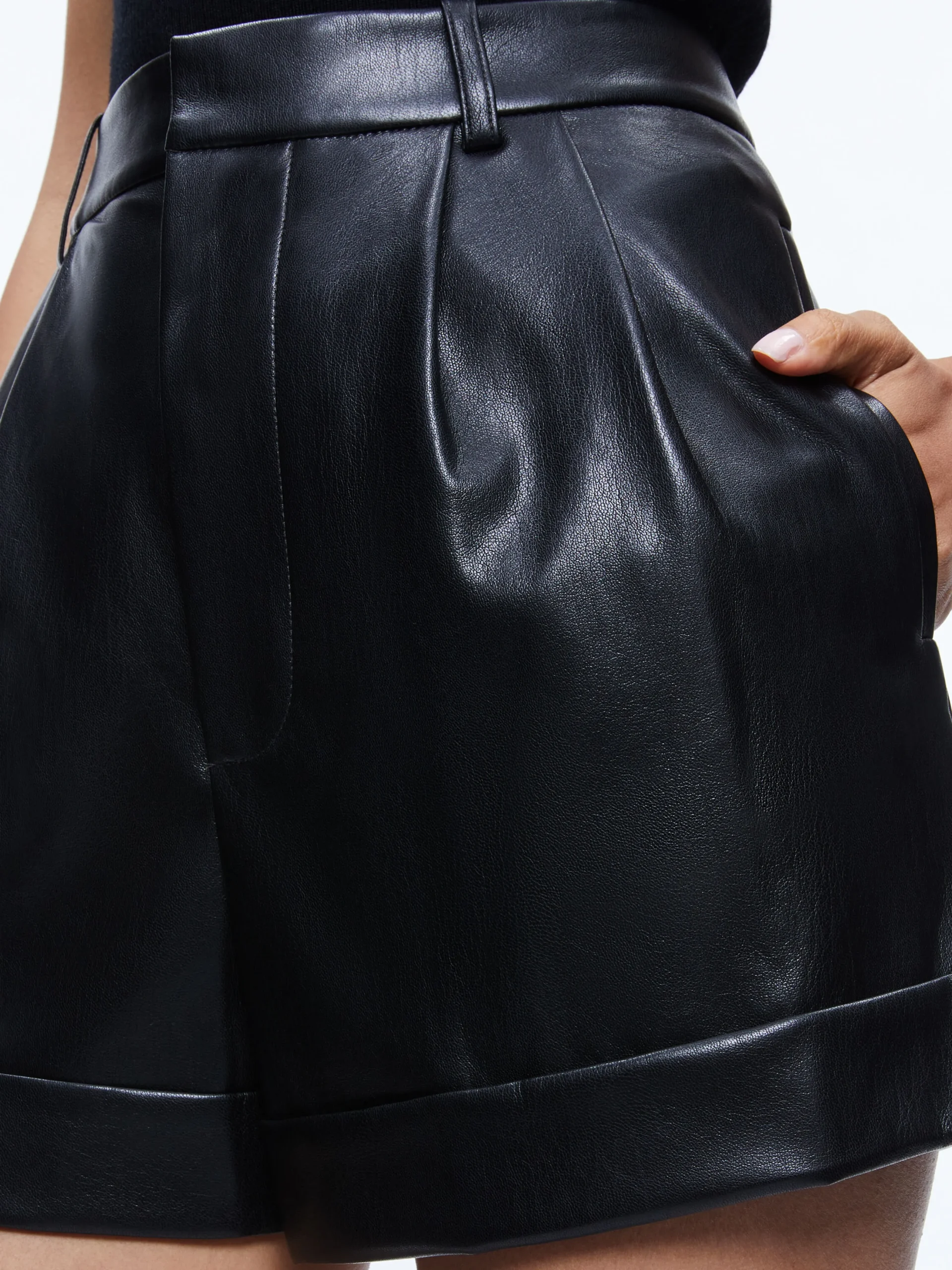Alice and Olivia CONRY VEGAN LEATHER PLEATED CUFF SHORT BLACK*FEATURED SHOPS | FEATURED SHOPS | CLOTHING