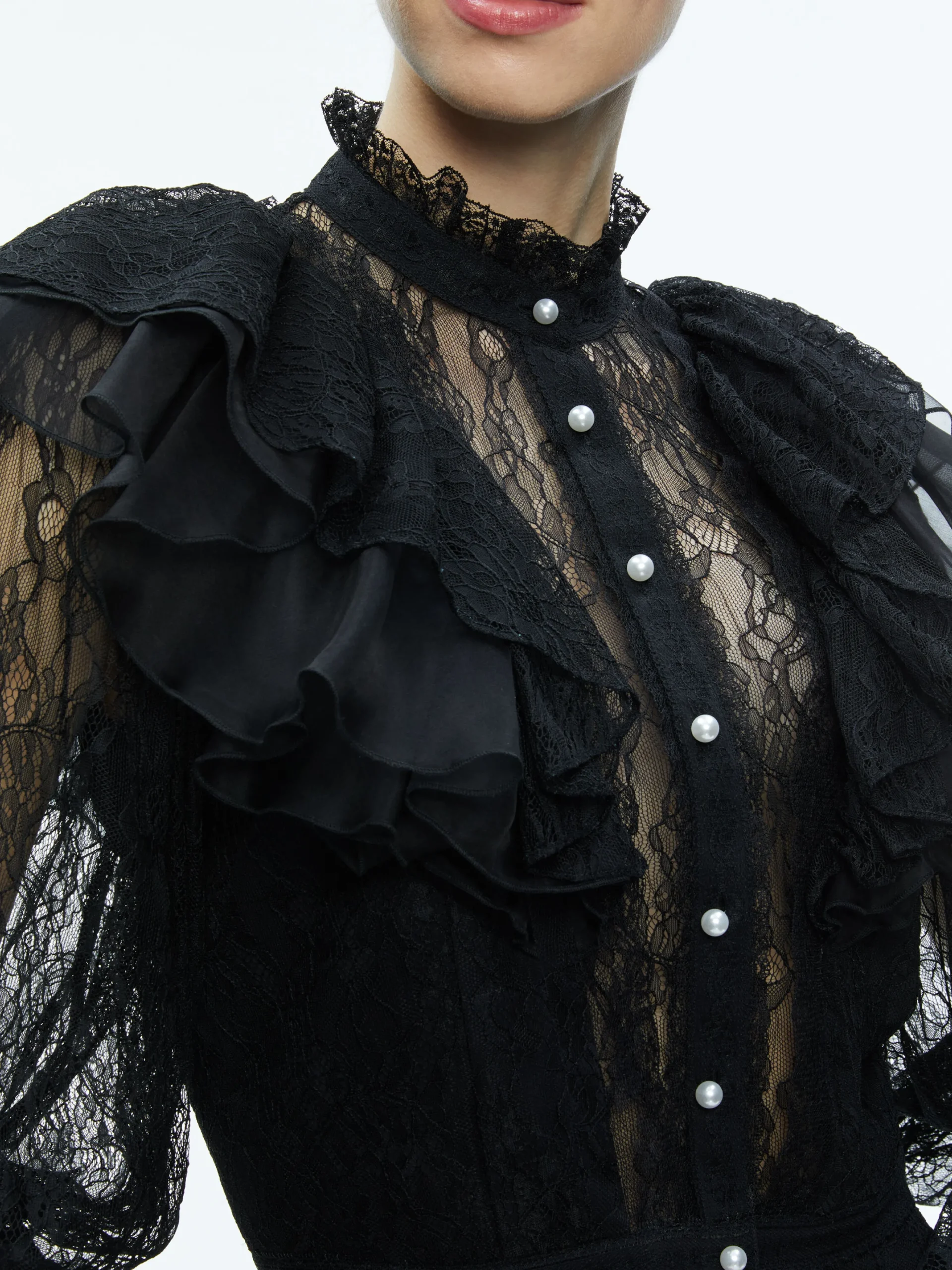 Alice and Olivia DELPHA RUFFLE LACE BLOUSON SLEEVE CROPPED TOP BLACK*FEATURED SHOPS | CLOTHING