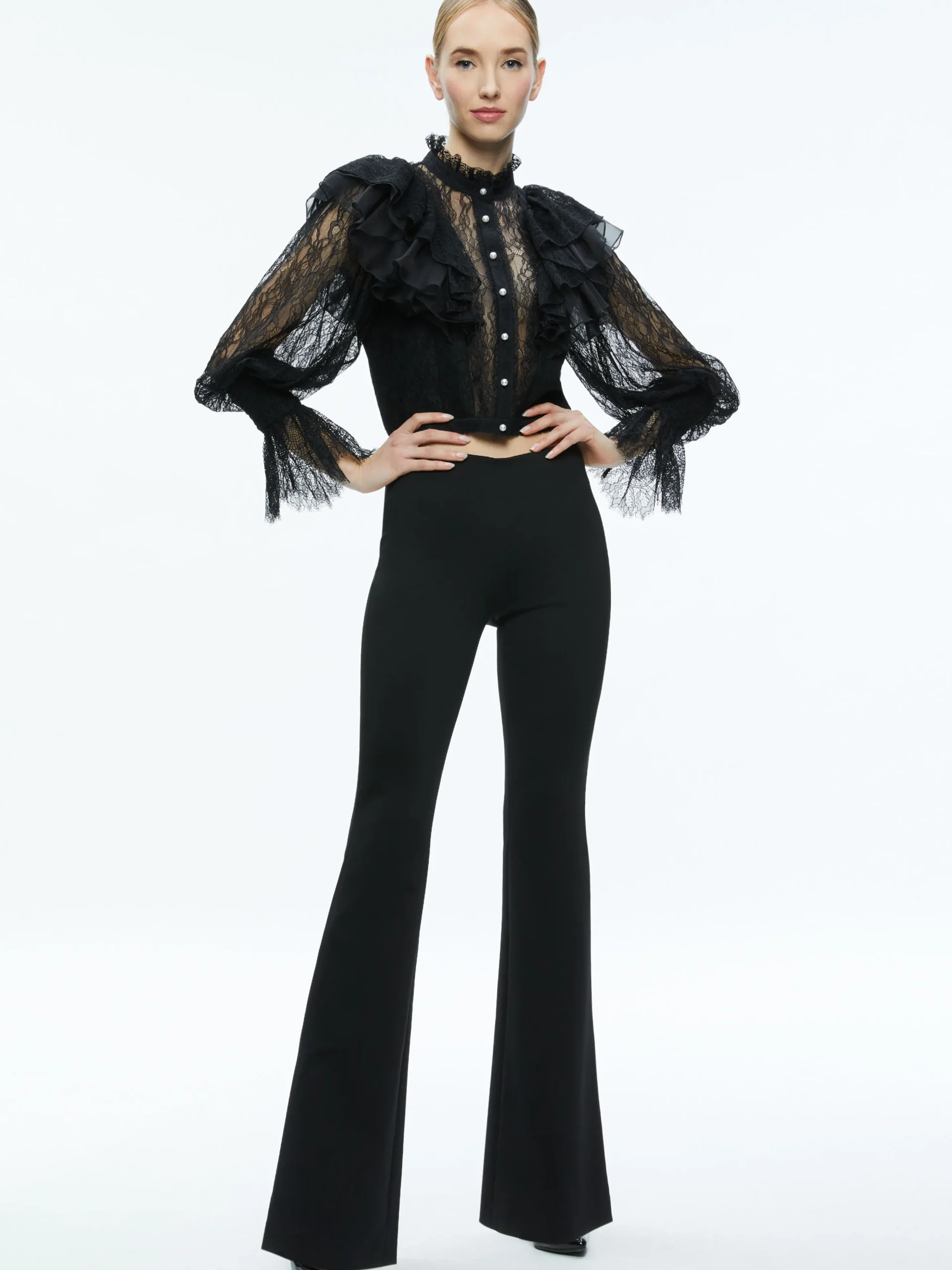 Alice and Olivia DELPHA RUFFLE LACE BLOUSON SLEEVE CROPPED TOP BLACK*FEATURED SHOPS | CLOTHING