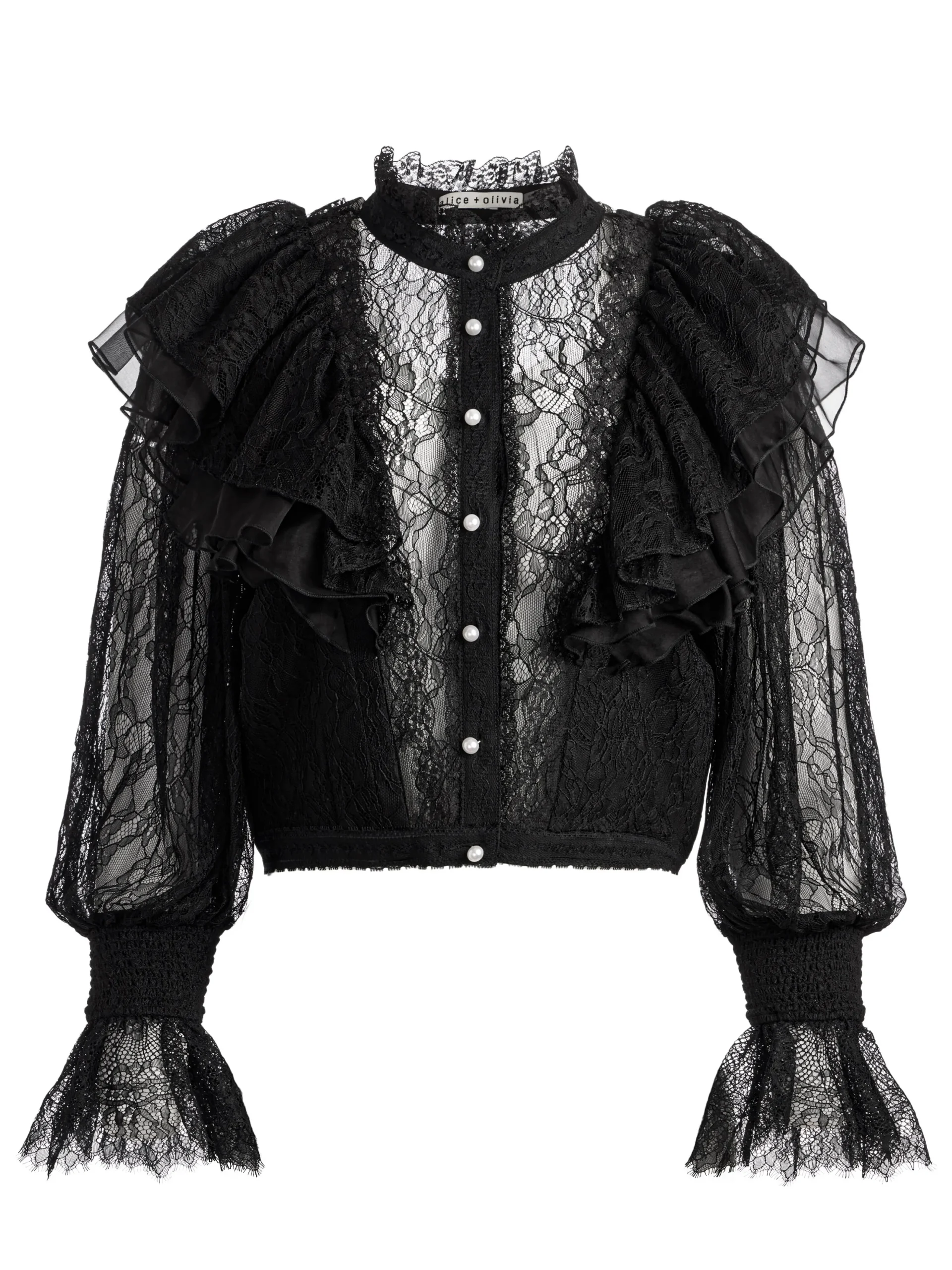 Alice and Olivia DELPHA RUFFLE LACE BLOUSON SLEEVE CROPPED TOP BLACK*FEATURED SHOPS | CLOTHING