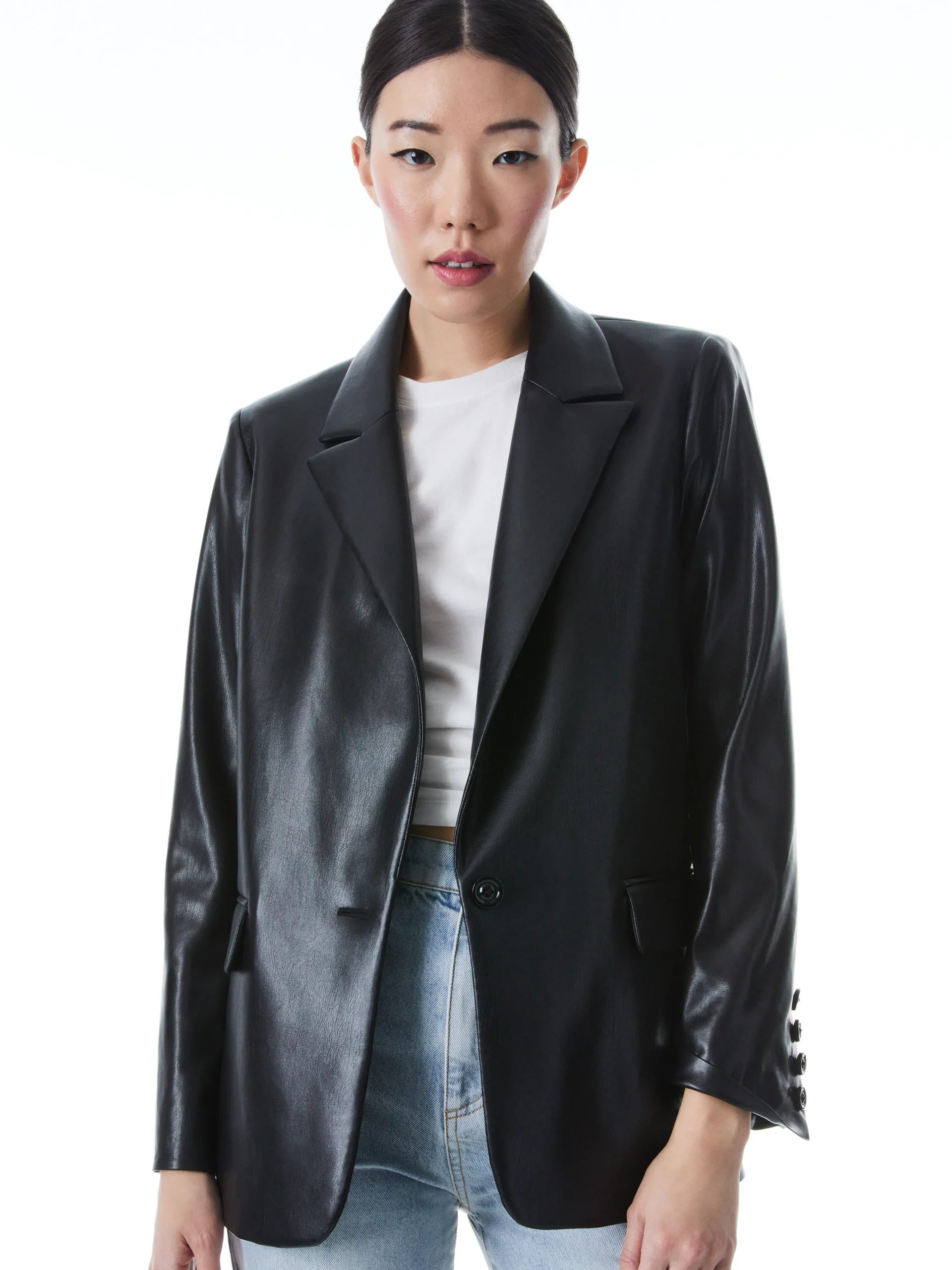 Alice and Olivia DENNY VEGAN LEATHER NOTCH COLLAR BLAZER BLACK*CLOTHING