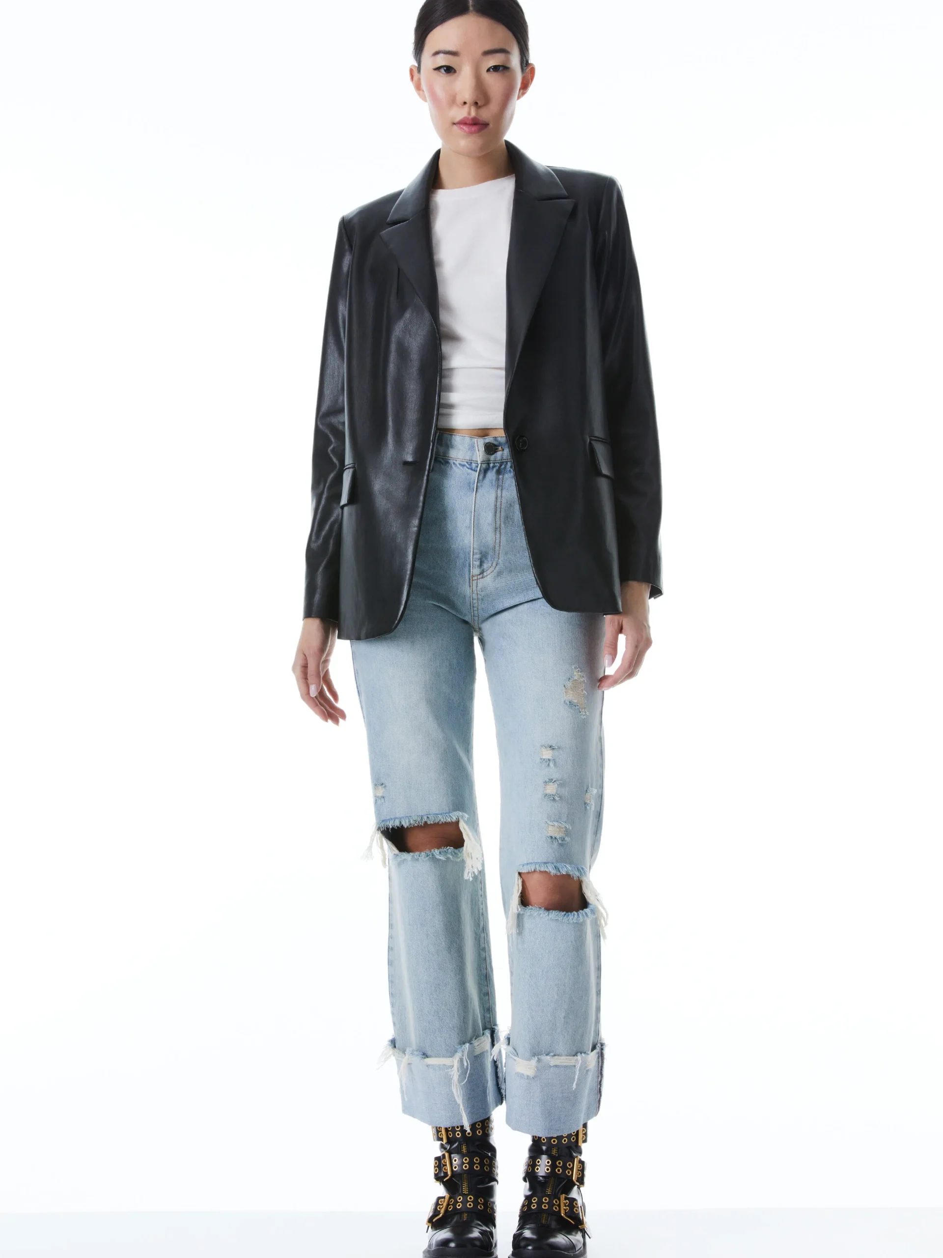 Alice and Olivia DENNY VEGAN LEATHER NOTCH COLLAR BLAZER BLACK*CLOTHING