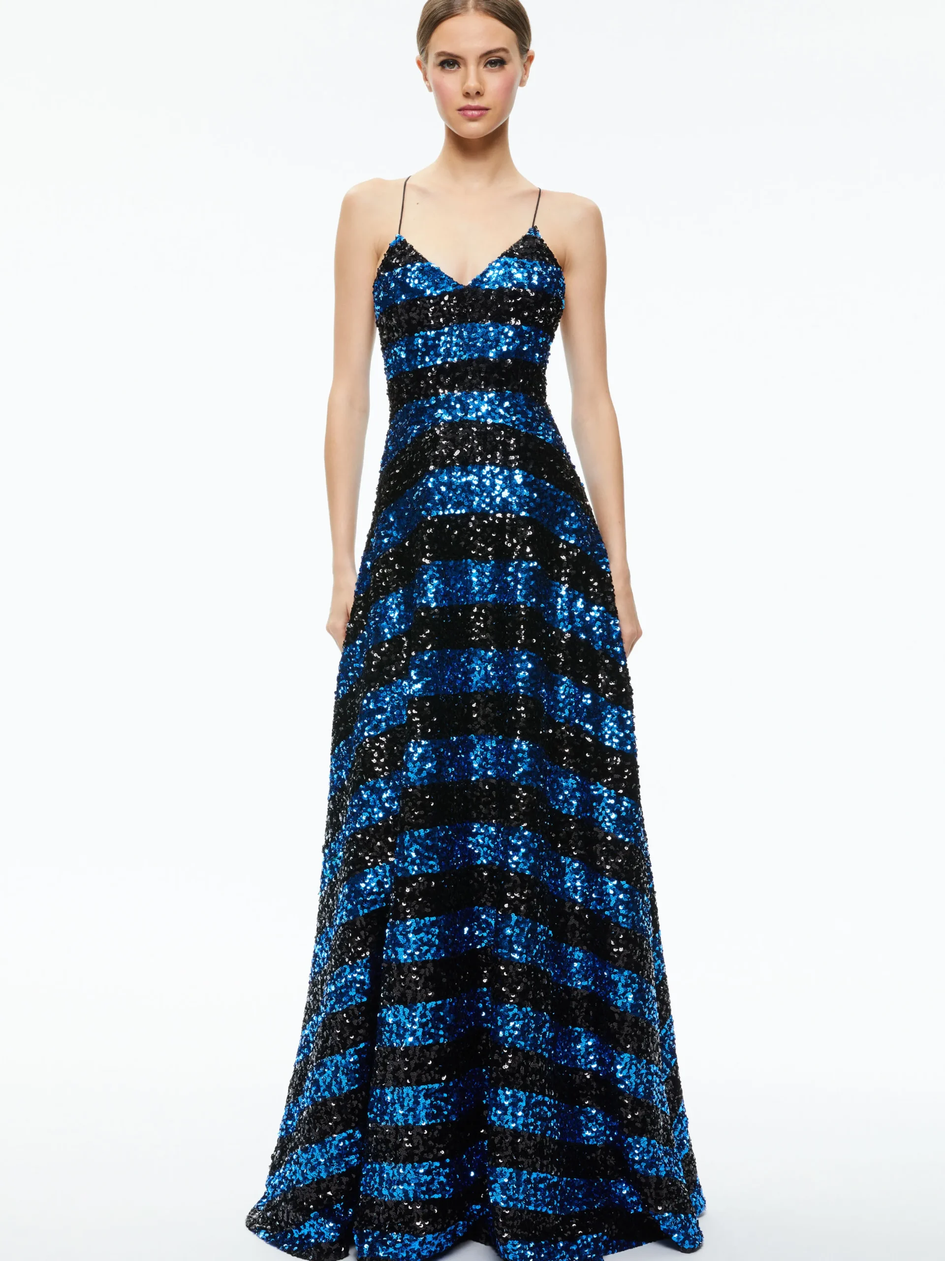 Alice and Olivia DOMENICA SEQUIN GOWN DRESS SAPPHIRE/BLACK STRIPE*DRESSES | DRESSES | CLOTHING