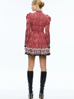 Alice and Olivia ELVIRA SMOCKED BODICE MINI DRESS ALLURE MEDALLION*DRESSES | CLOTHING