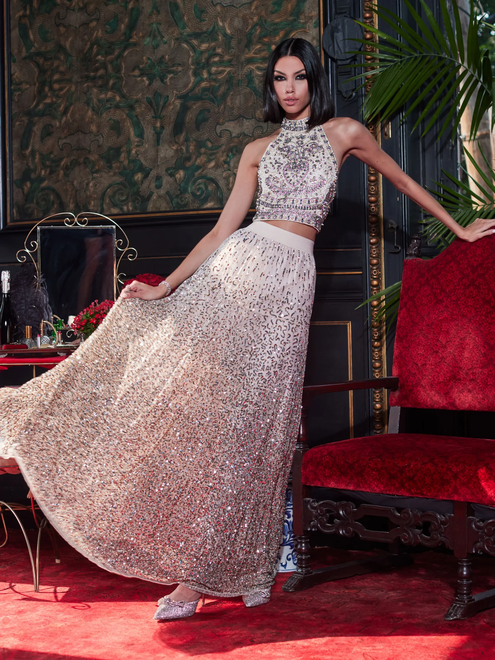Alice and Olivia GATZ EMBELLISHED HIGH NECK TOP + CATRINA EMBELLISHED GOWN MAXI SKIRT *CLOTHING