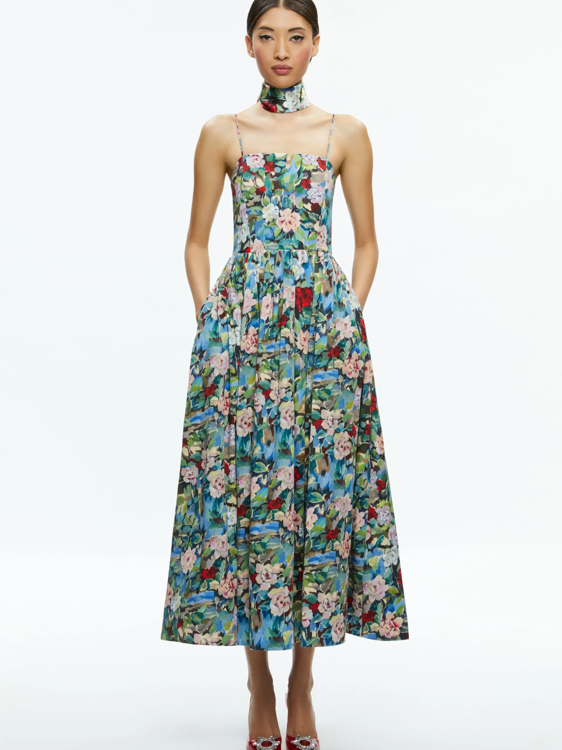 Alice and Olivia GLYNIS SPAGHETTI STRAP SCARF MIDI DRESS BREEZE FLORAL*DRESSES | DRESSES | CLOTHING