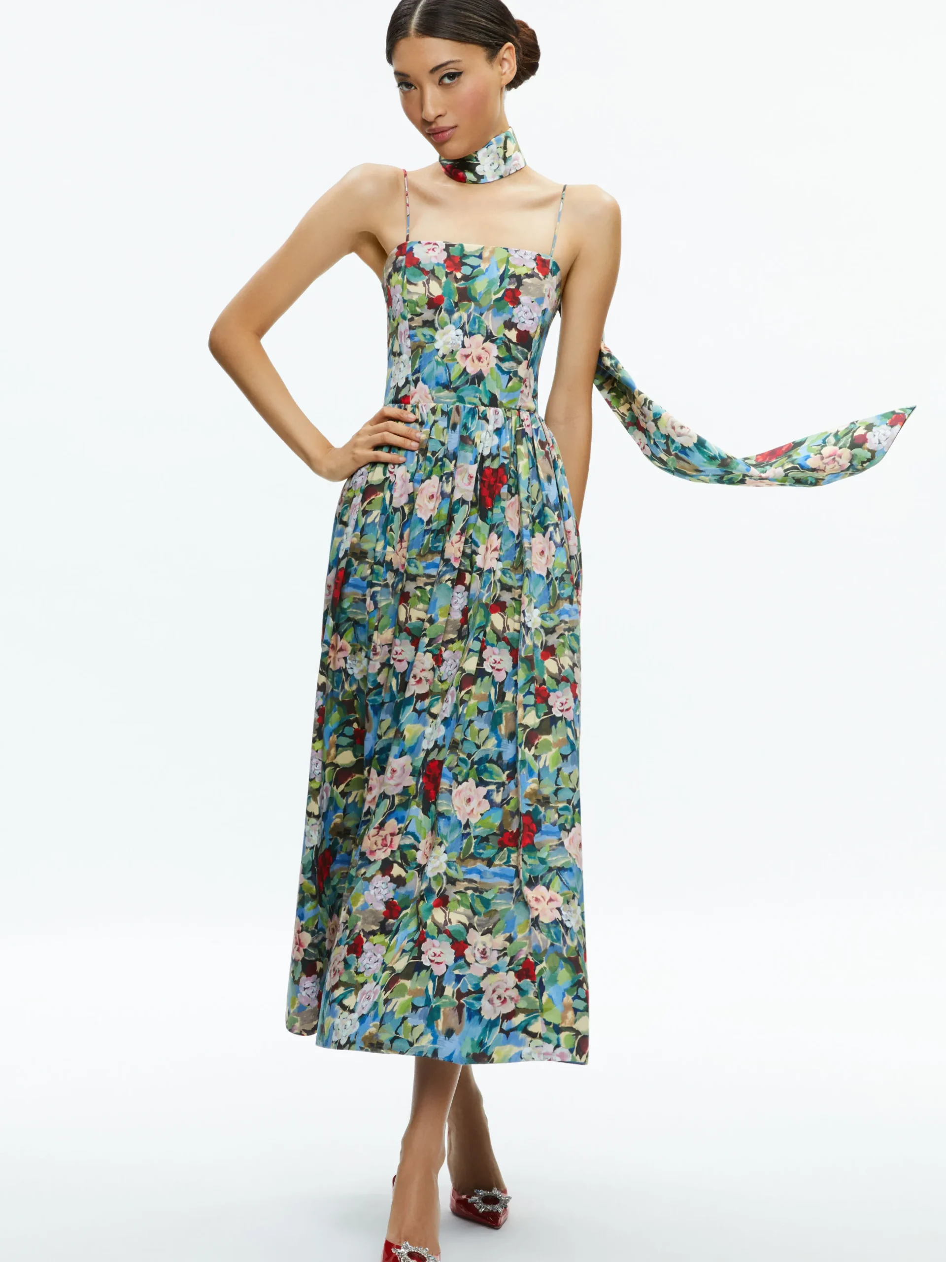 Alice and Olivia GLYNIS SPAGHETTI STRAP SCARF MIDI DRESS BREEZE FLORAL*DRESSES | DRESSES | CLOTHING