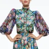 Alice and Olivia ILAN SMOCKED SLEEVE BUTTON FRONT BLOUSE BREEZE FLORAL SM*CLOTHING
