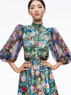 Alice and Olivia ILAN SMOCKED SLEEVE BUTTON FRONT BLOUSE BREEZE FLORAL SM*CLOTHING