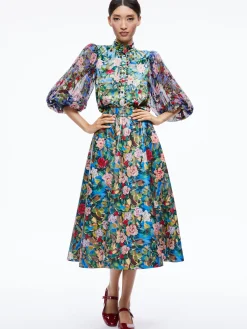 Alice and Olivia ILAN SMOCKED SLEEVE BUTTON FRONT BLOUSE BREEZE FLORAL SM*CLOTHING