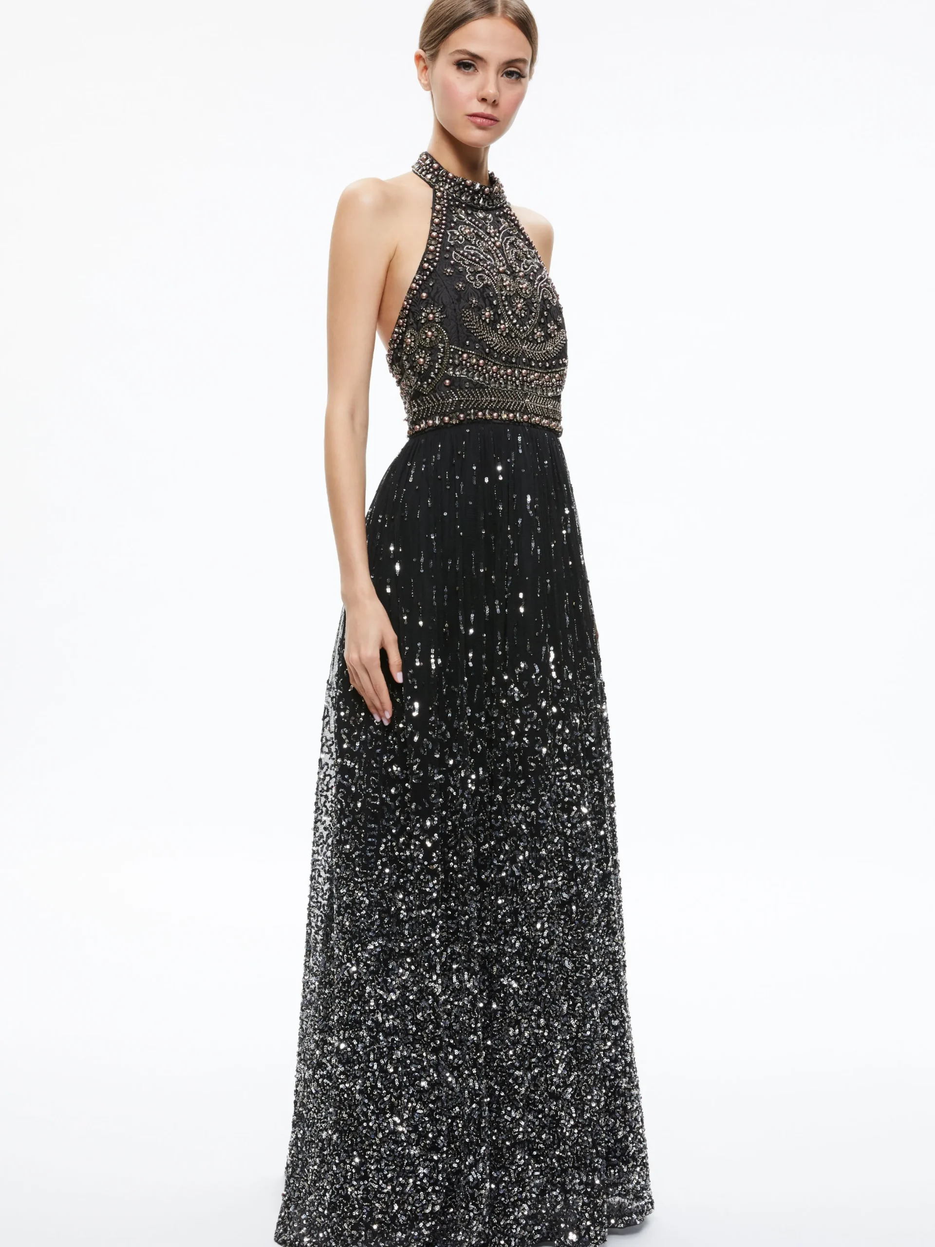 Alice and Olivia JAEL EMBELLISHED HALTER NECK MAXI GOWN BLACK/MULTI*DRESSES | DRESSES | CLOTHING