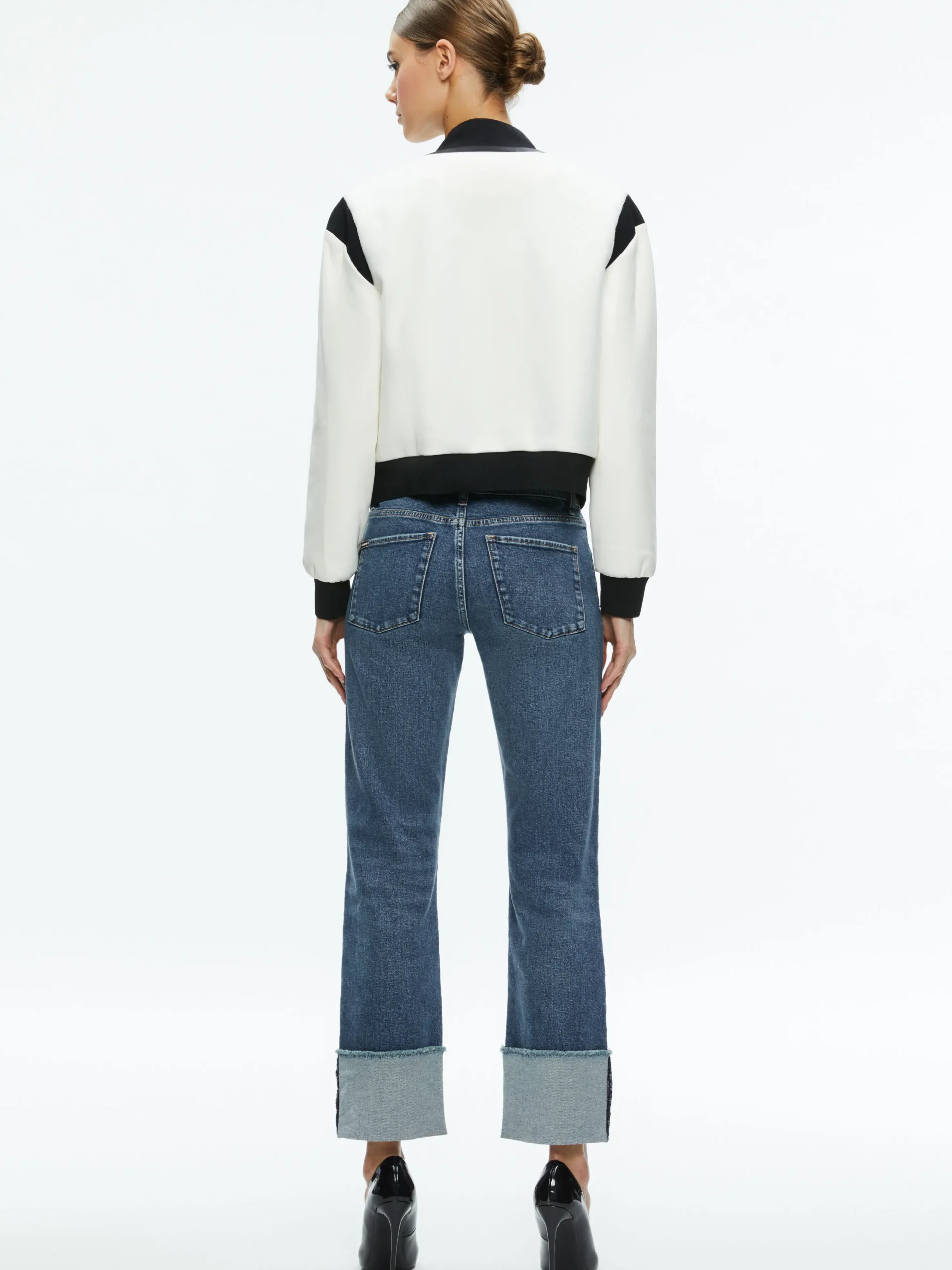 Alice and Olivia KERI COMBINATION VEGAN LEATHER VARSITY JACKET OFF WHITE/BLACK*FEATURED SHOPS | CLOTHING