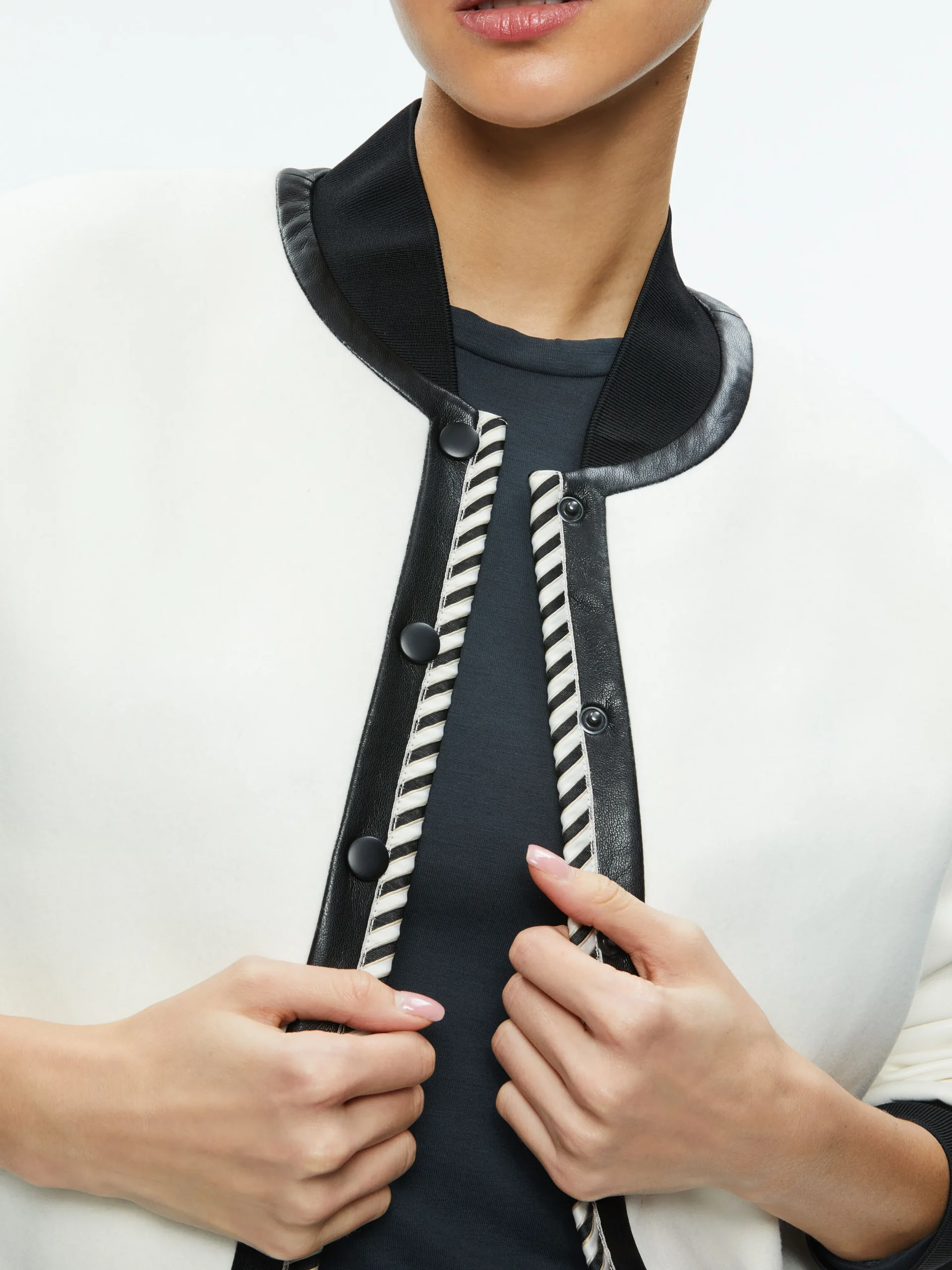 Alice and Olivia KERI COMBINATION VEGAN LEATHER VARSITY JACKET OFF WHITE/BLACK*FEATURED SHOPS | CLOTHING