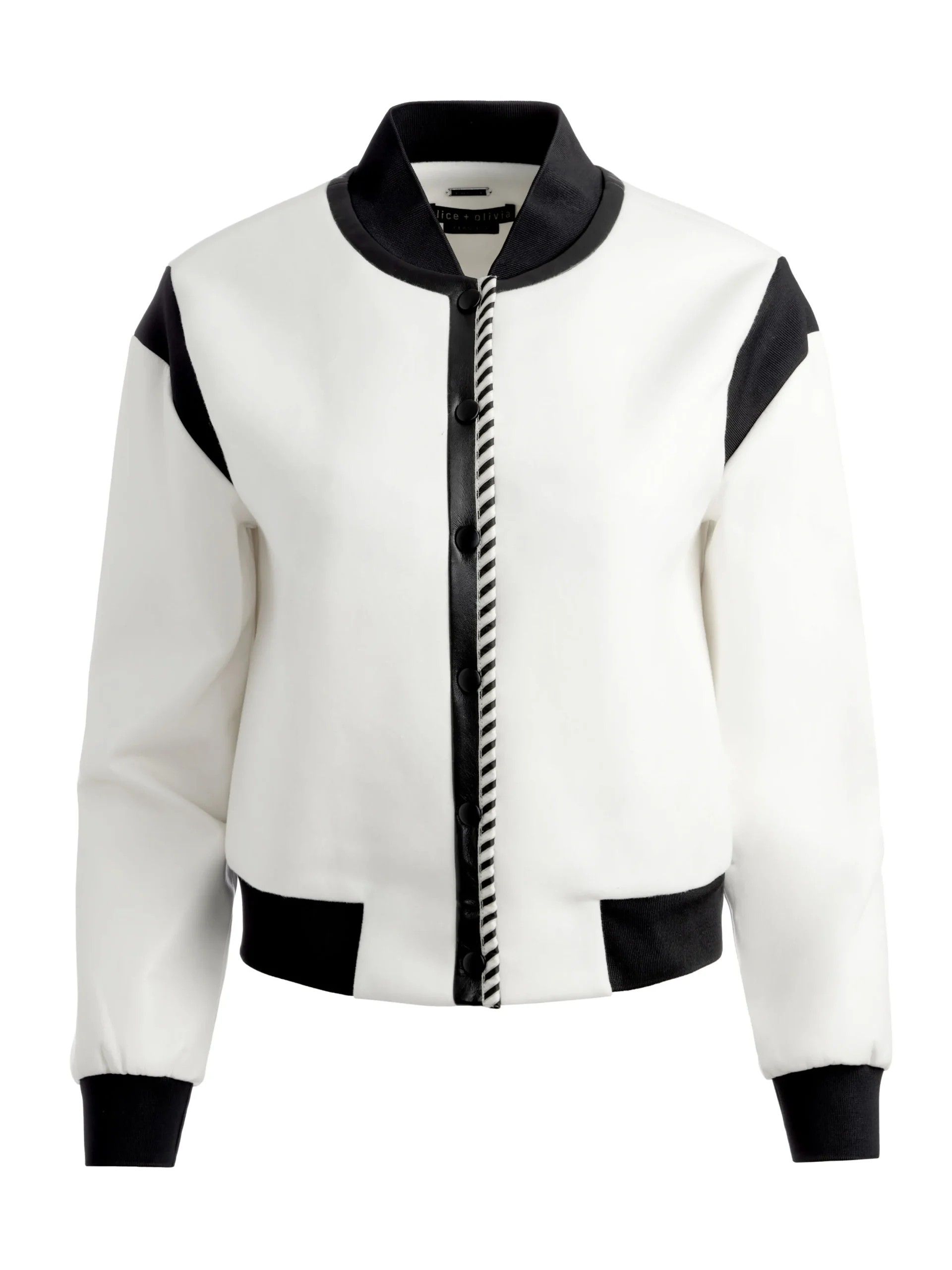 Alice and Olivia KERI COMBINATION VEGAN LEATHER VARSITY JACKET OFF WHITE/BLACK*FEATURED SHOPS | CLOTHING