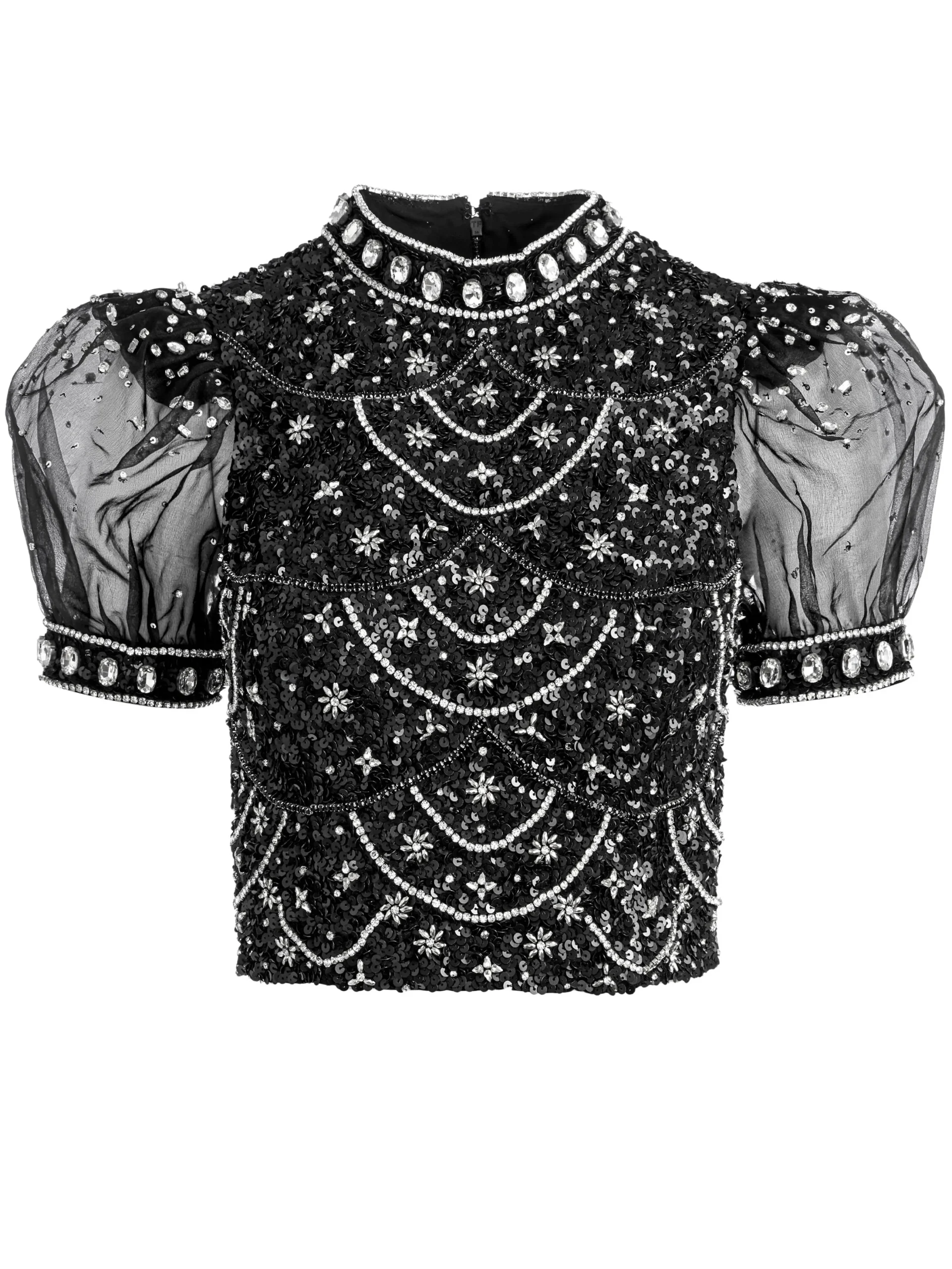 Alice and Olivia KRISTINA EMBELLISHED PUFF SLEEVE CROP TOP BLACK/MULTI*CLOTHING