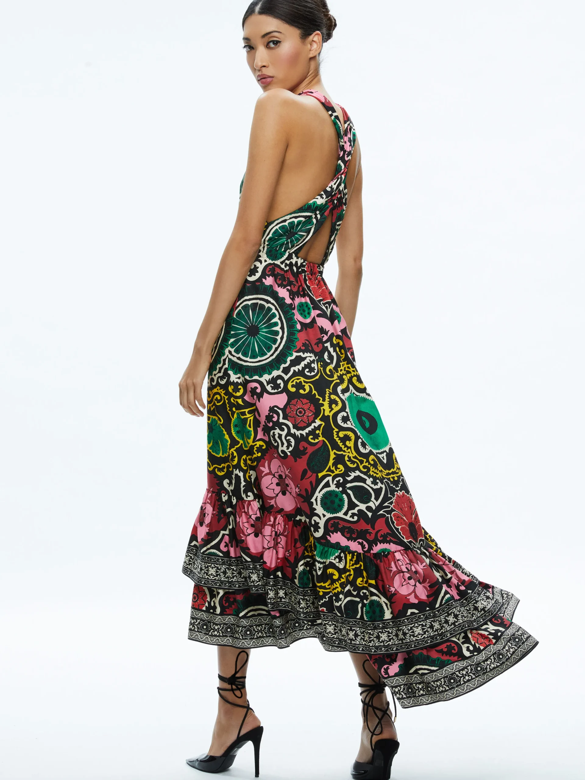 Alice and Olivia LOYCE TWIST BACK RUFFLE MAXI DRESS MONARCH BLACK MEDIUM*DRESSES | DRESSES | CLOTHING