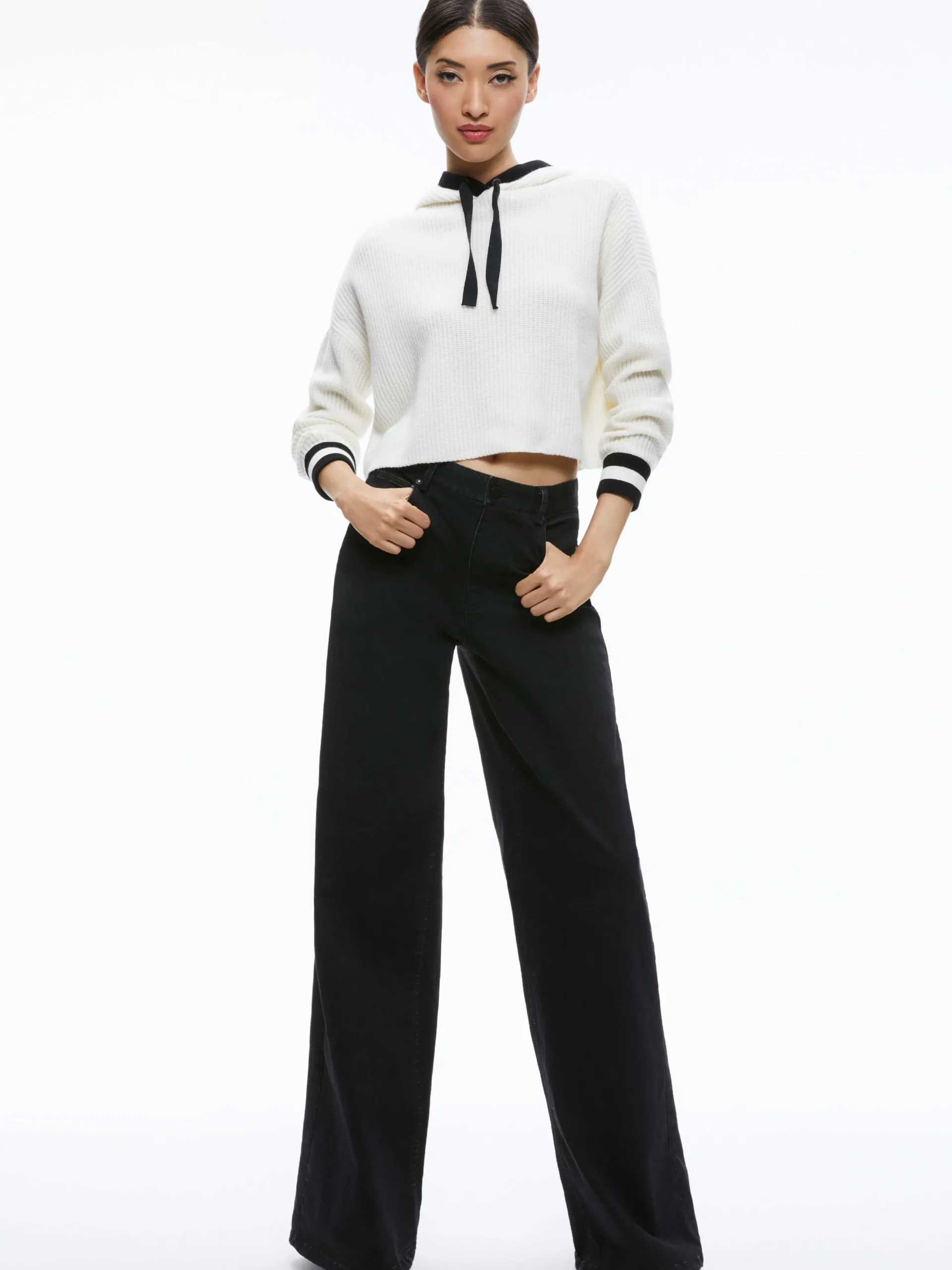 Alice and Olivia LUMI RIBBED KNIT HOODIE ECRU/BLACK*FEATURED SHOPS | CLOTHING | CLOTHING