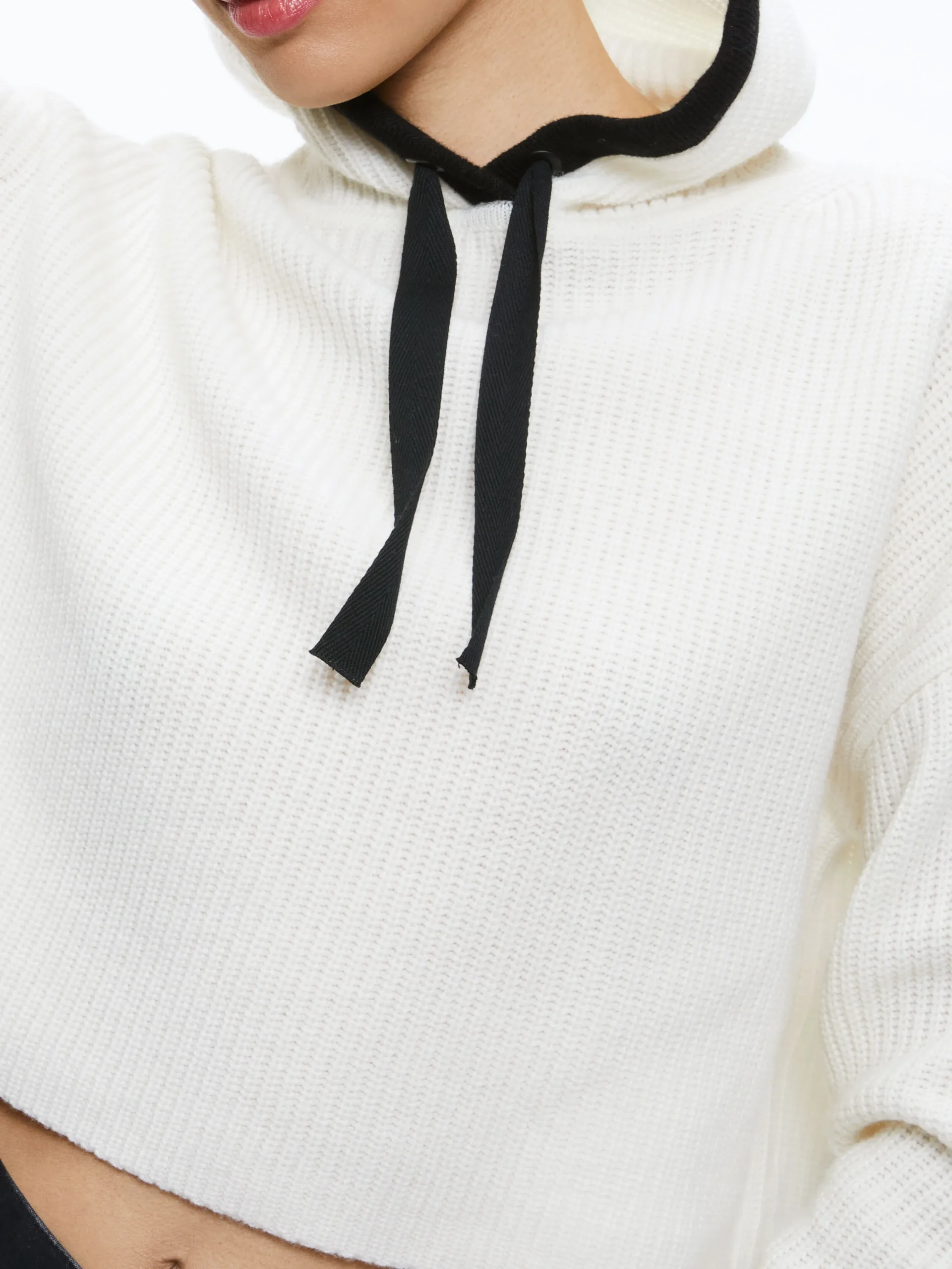 Alice and Olivia LUMI RIBBED KNIT HOODIE ECRU/BLACK*FEATURED SHOPS | CLOTHING | CLOTHING