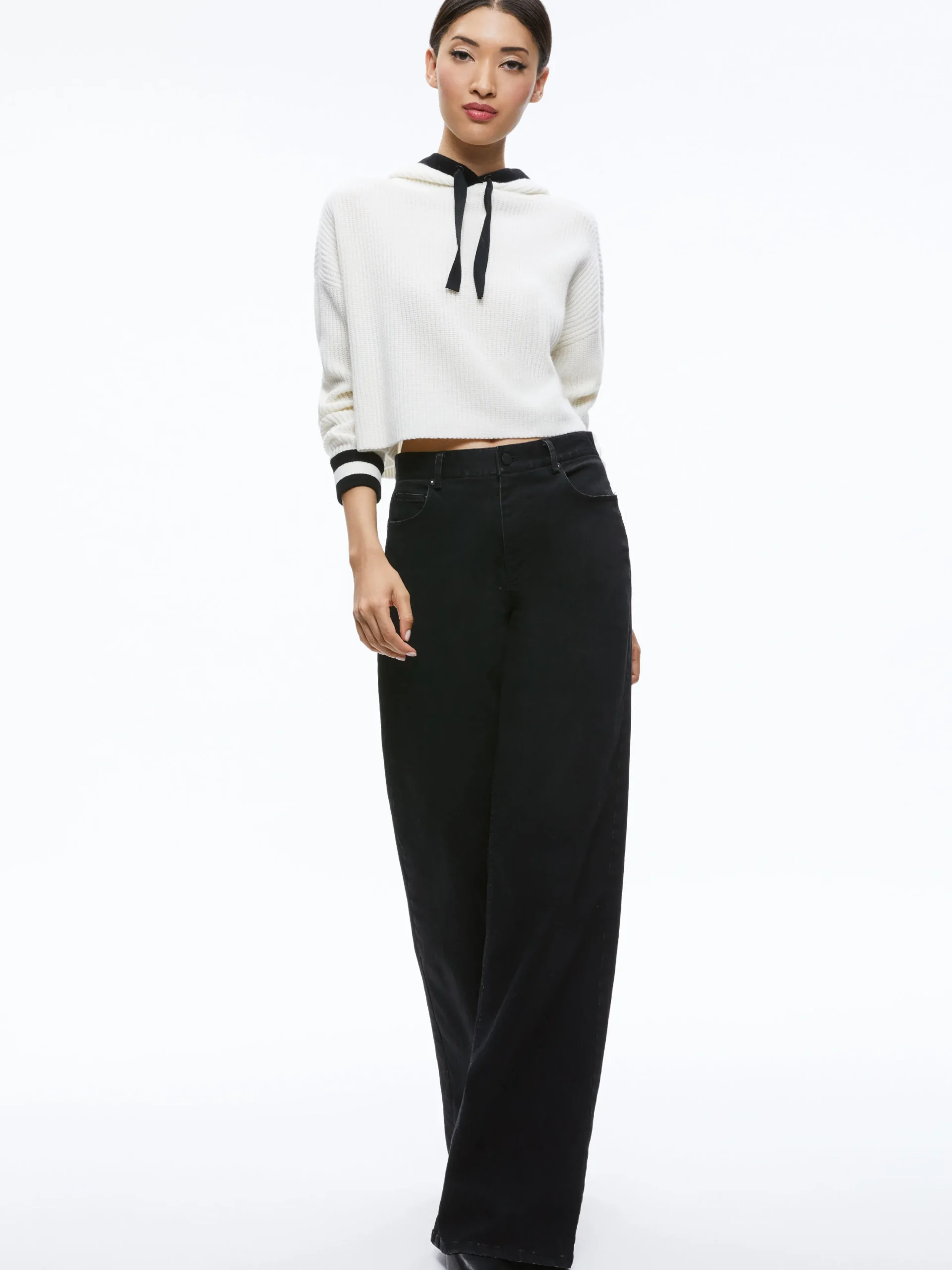 Alice and Olivia LUMI RIBBED KNIT HOODIE ECRU/BLACK*FEATURED SHOPS | CLOTHING | CLOTHING