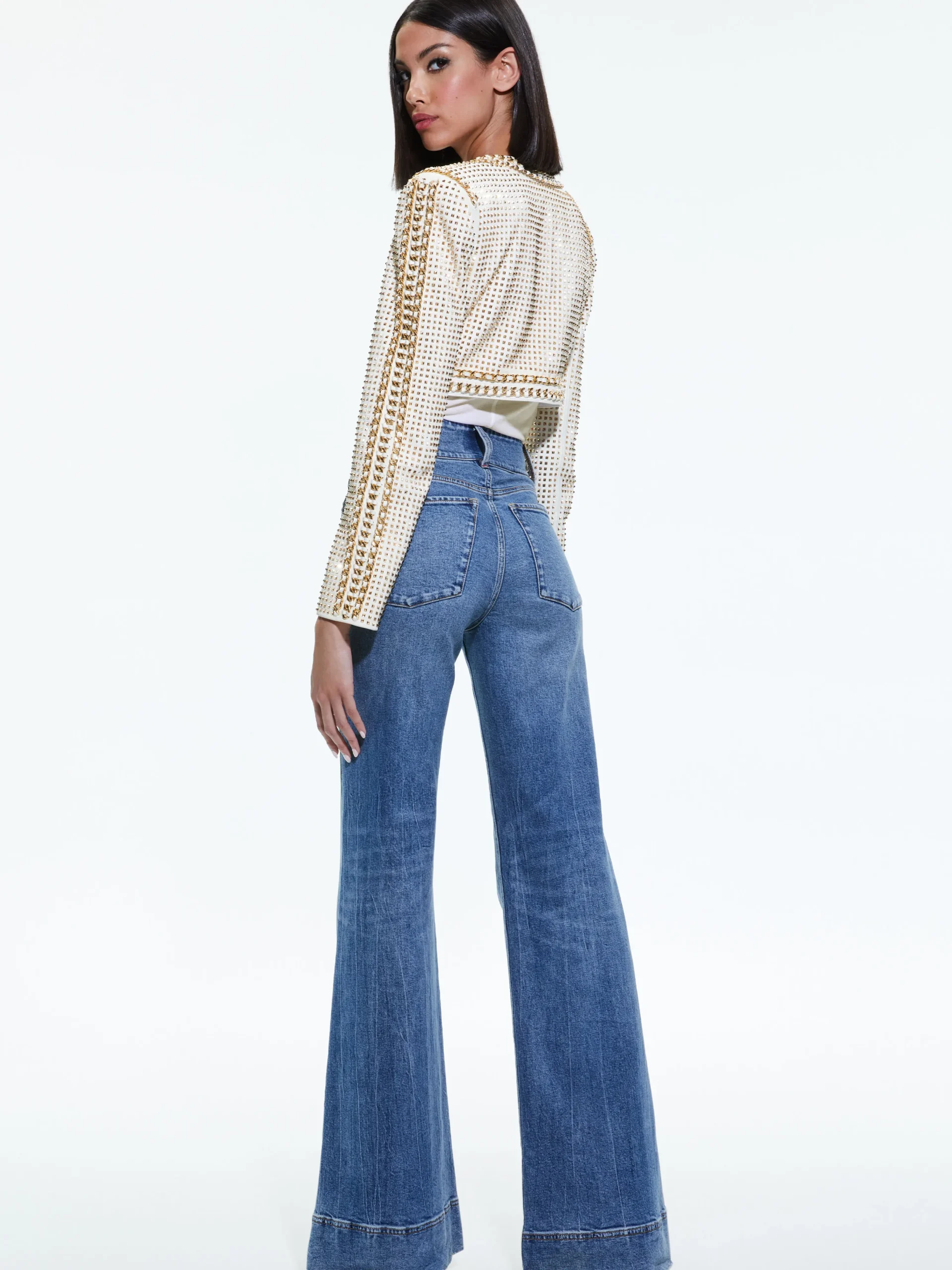 Alice and Olivia MAIRA CROPPED JACKET WITH CHAIN TRIM SOFT WHITE/PALE GOLD*CLOTHING