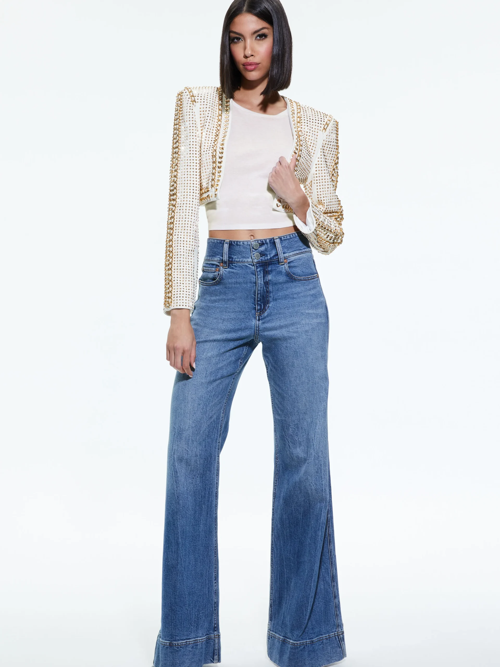Alice and Olivia MAIRA CROPPED JACKET WITH CHAIN TRIM SOFT WHITE/PALE GOLD*CLOTHING