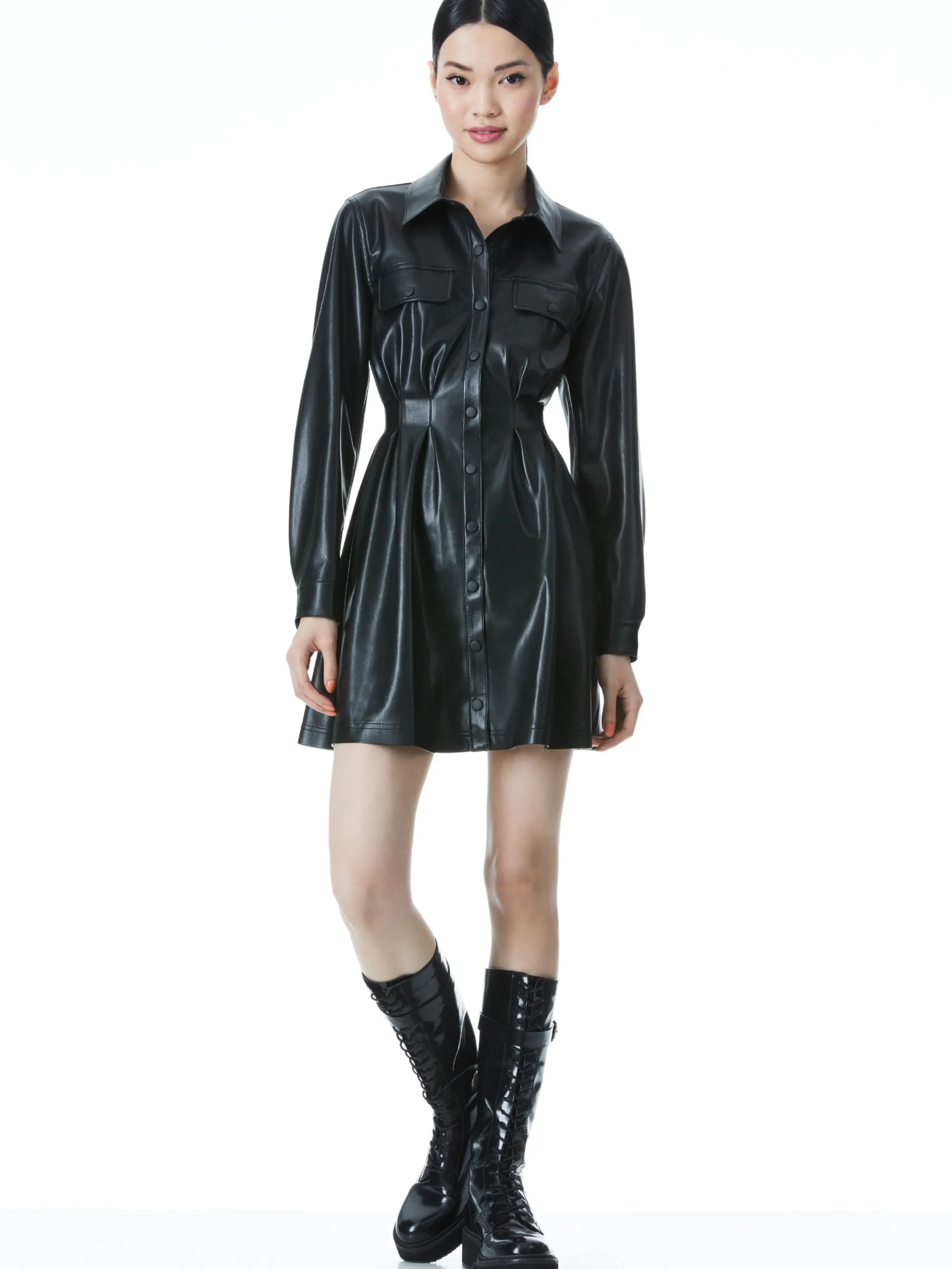 Alice and Olivia MALINA VEGAN LEATHER SHIRT DRESS BLACK*FEATURED SHOPS | FEATURED SHOPS | DRESSES | CLOTHING
