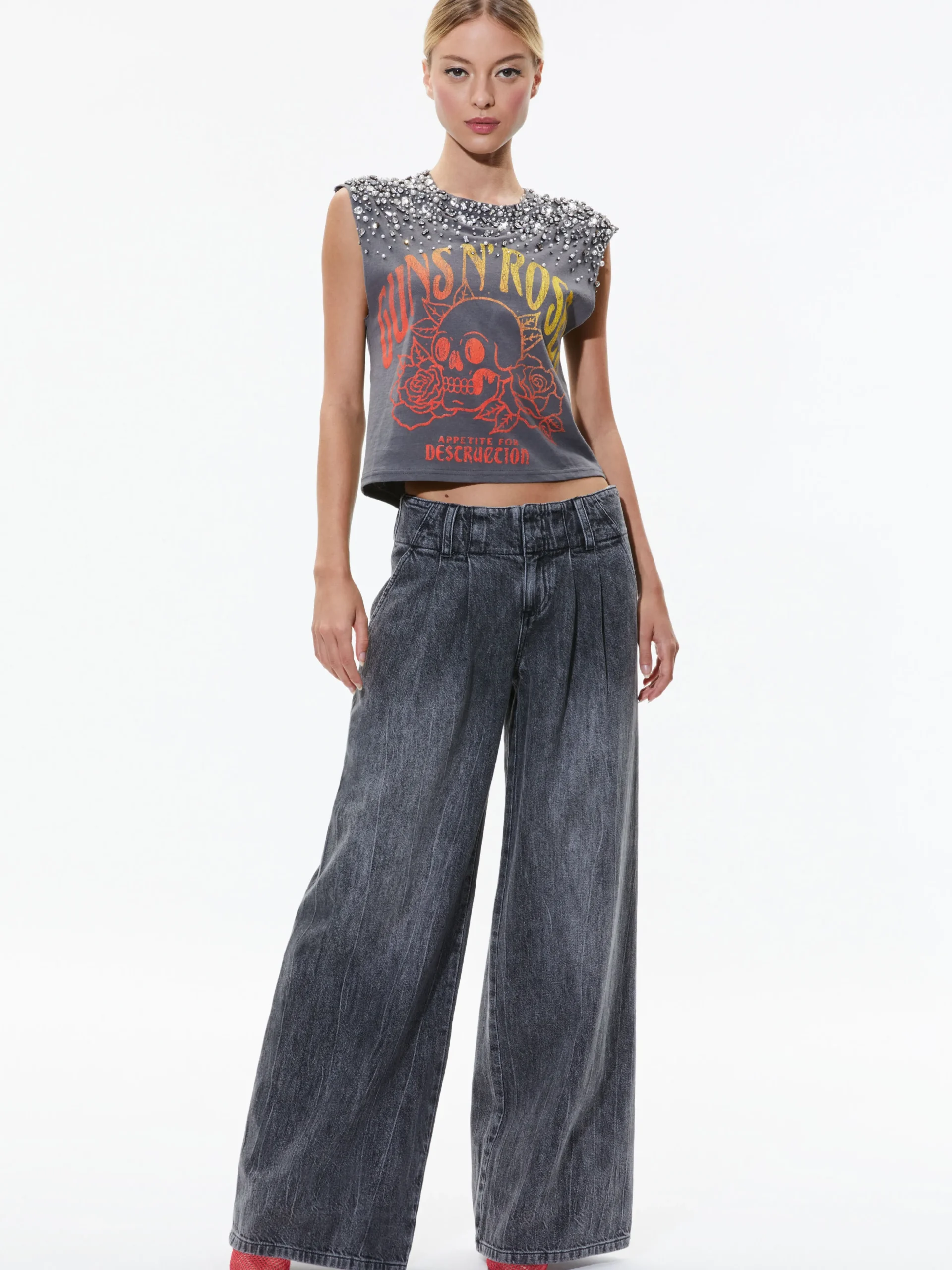 Alice and Olivia MICAH EMBELLLISHED CROPPED MUSCLE TANK GUNS N ROSES*CLOTHING