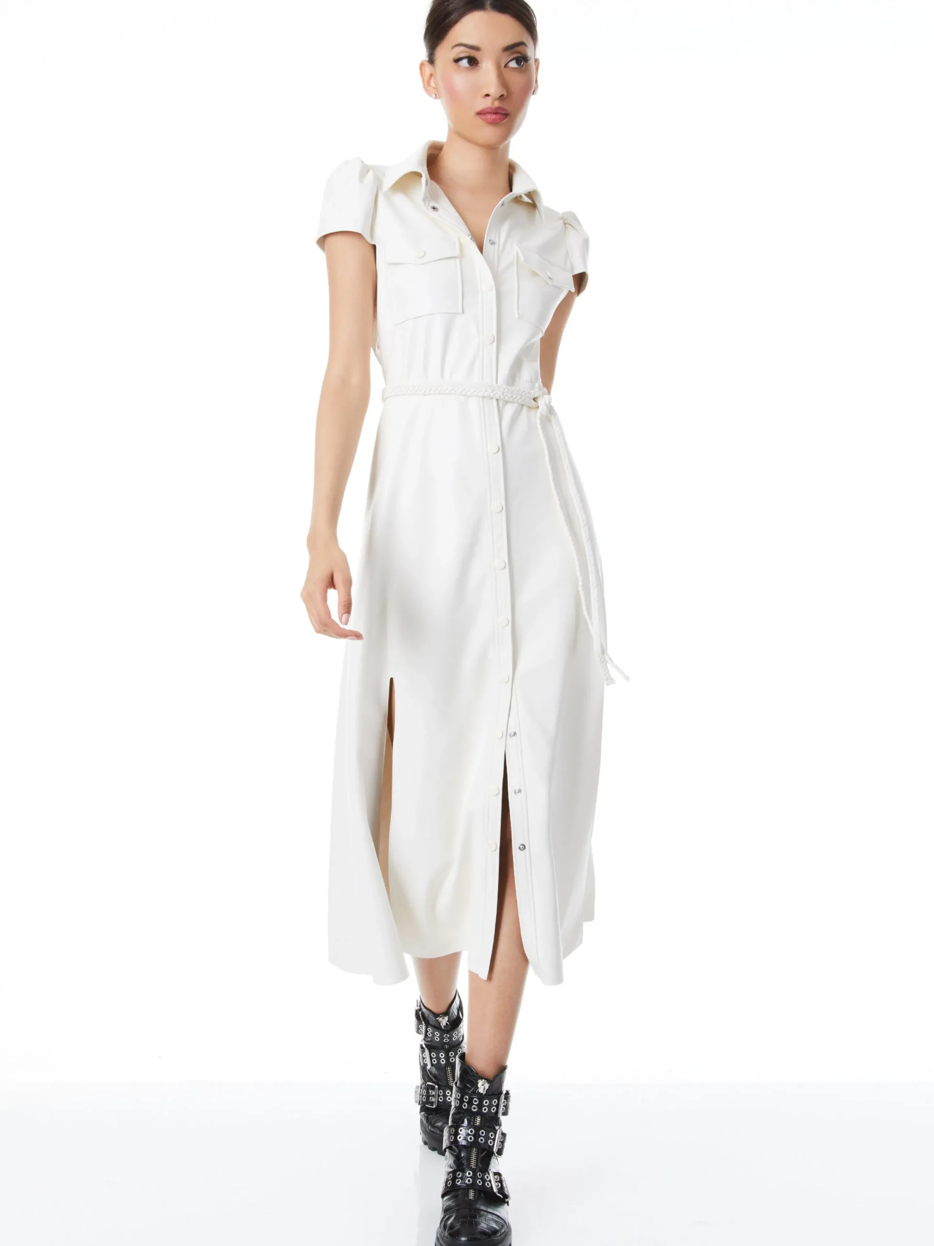Alice and Olivia MIRANDA SHORT SLEEVE VEGAN LEATHER MIDI DRESS *FEATURED SHOPS | FEATURED SHOPS | DRESSES | CLOTHING