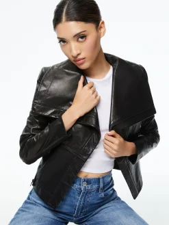 Alice and Olivia NITA LEATHER DRAPE FRONT JACKET BLACK*FEATURED SHOPS | CLOTHING