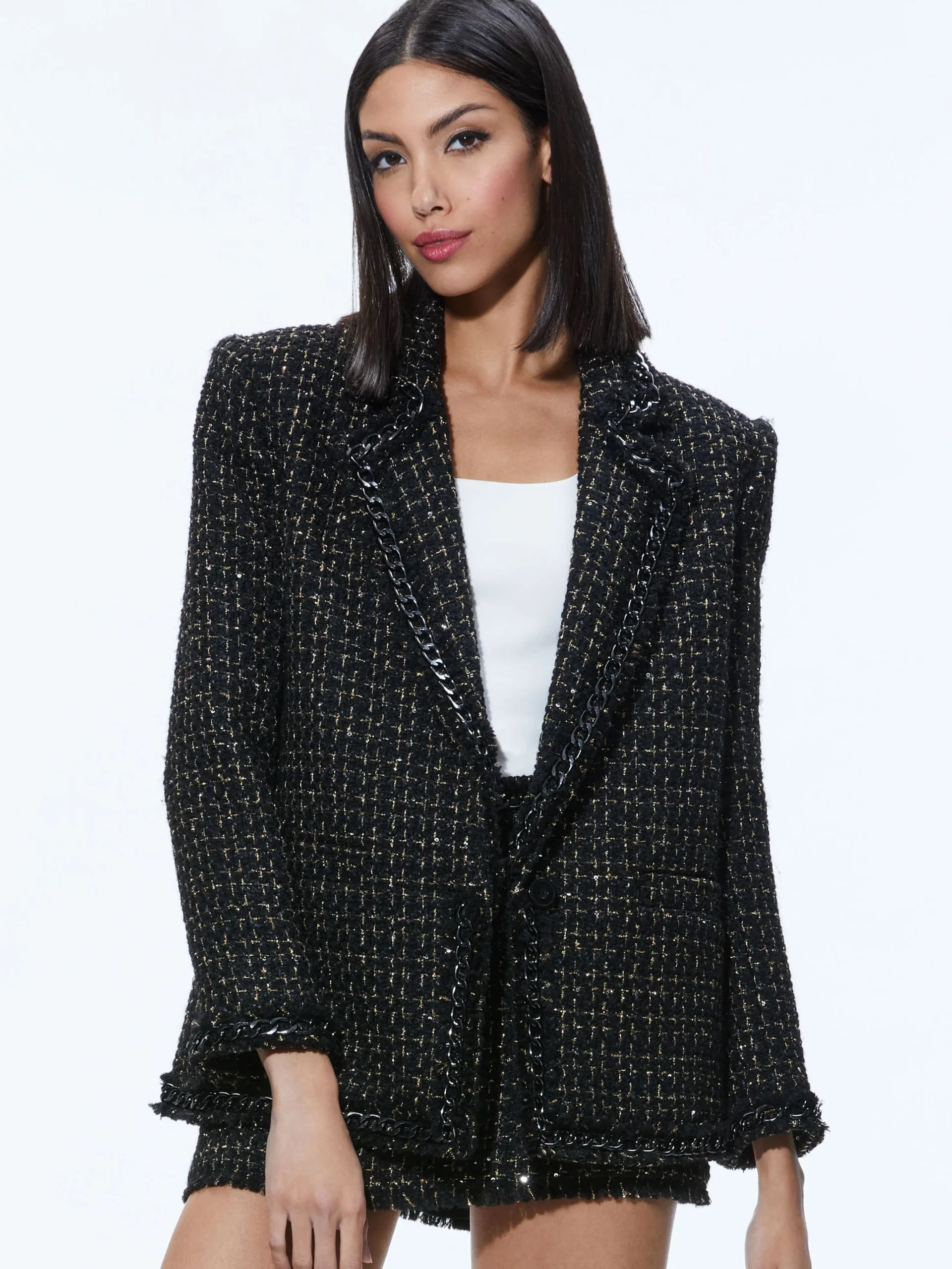 Alice and Olivia SHAN TWEED CHAIN TRIM BLAZER + JALEN CHAIN MINI SKIRT *CLOTHING