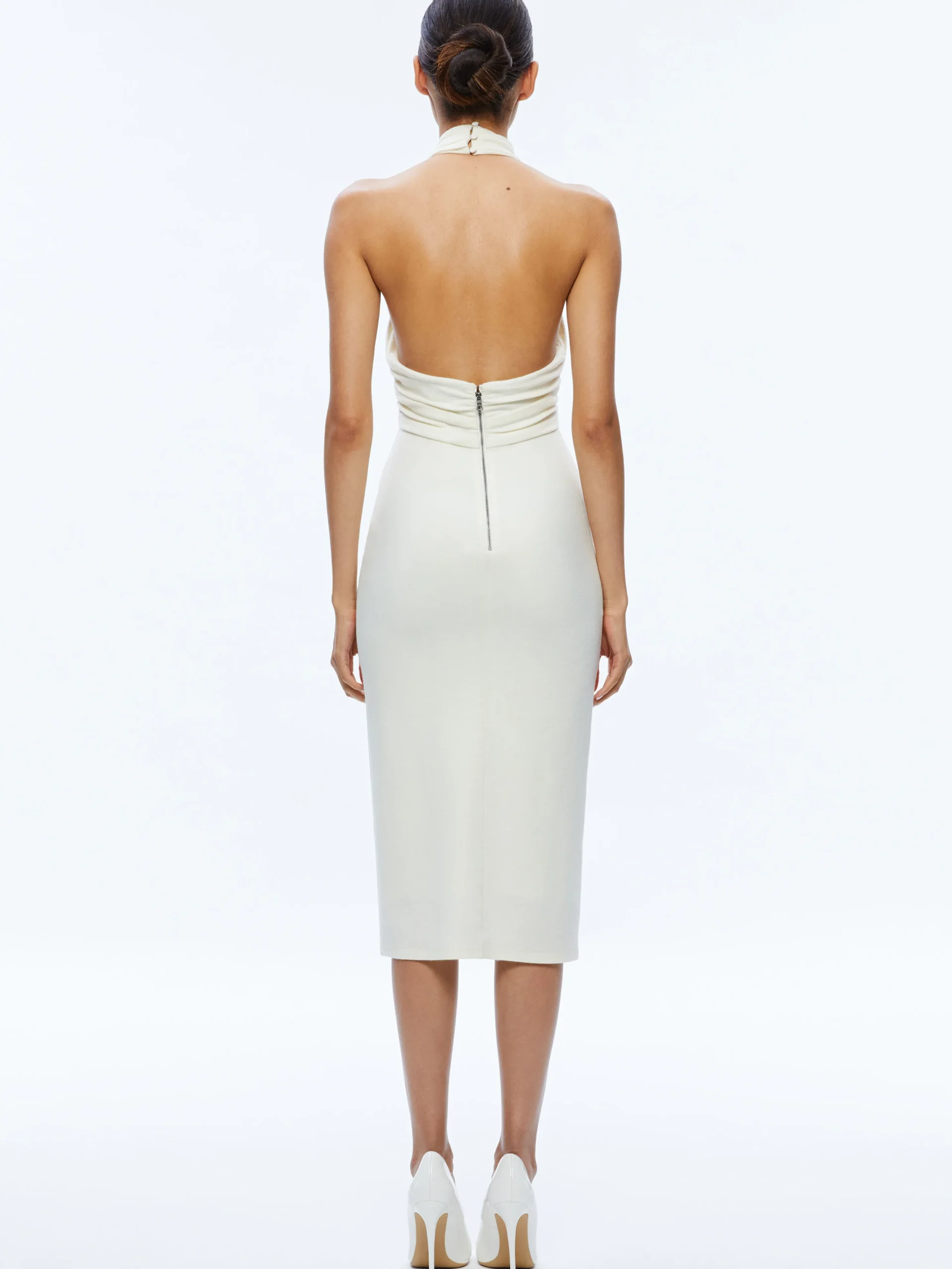 Alice and Olivia SUELLEN TWIST NECK HALTER MIDI DRESS ECRU*DRESSES | DRESSES | CLOTHING