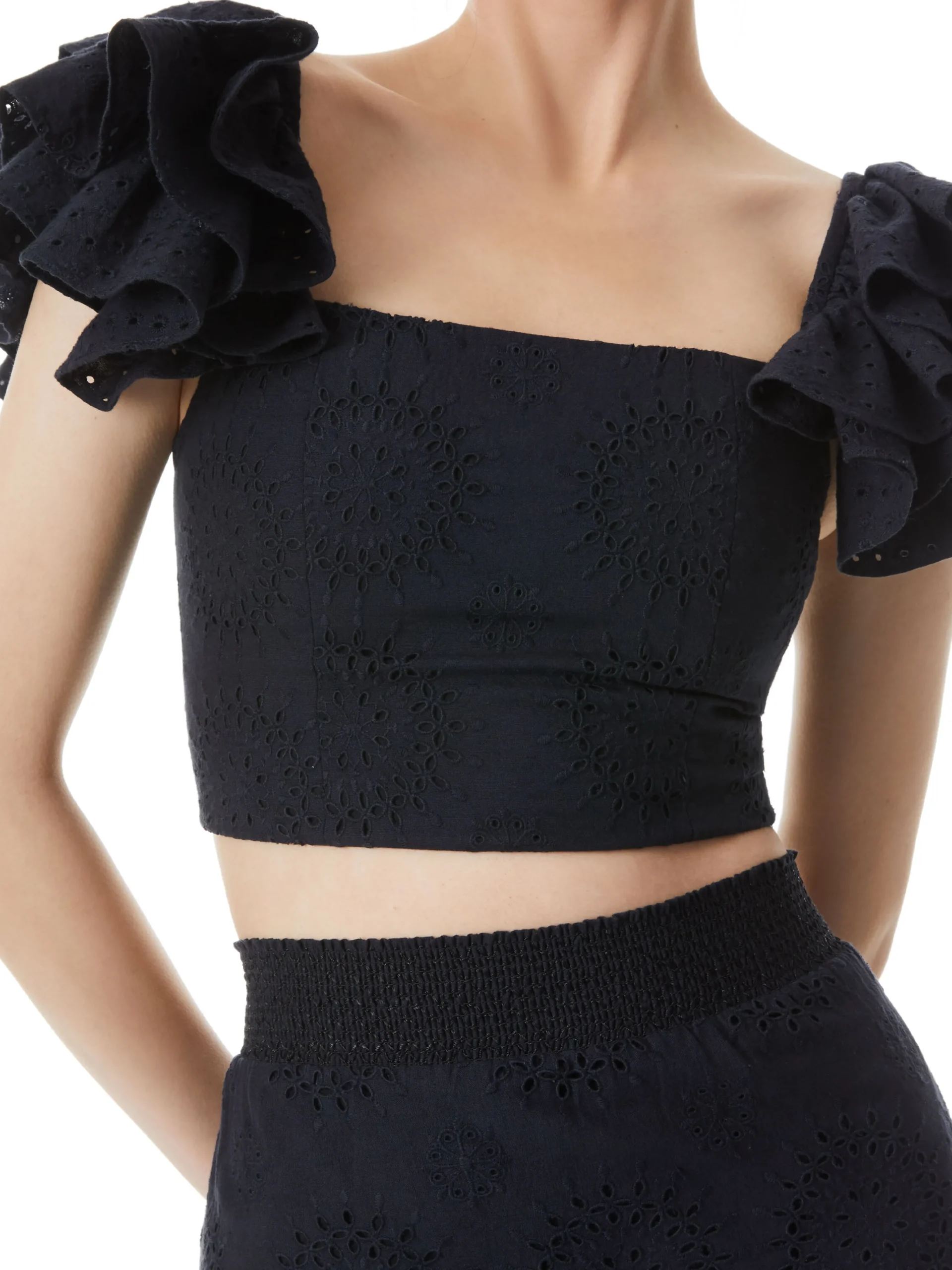 Alice and Olivia TAWNY EYELET SQUARE NECK RUFFLE CROP TOP BLACK*CLOTHING