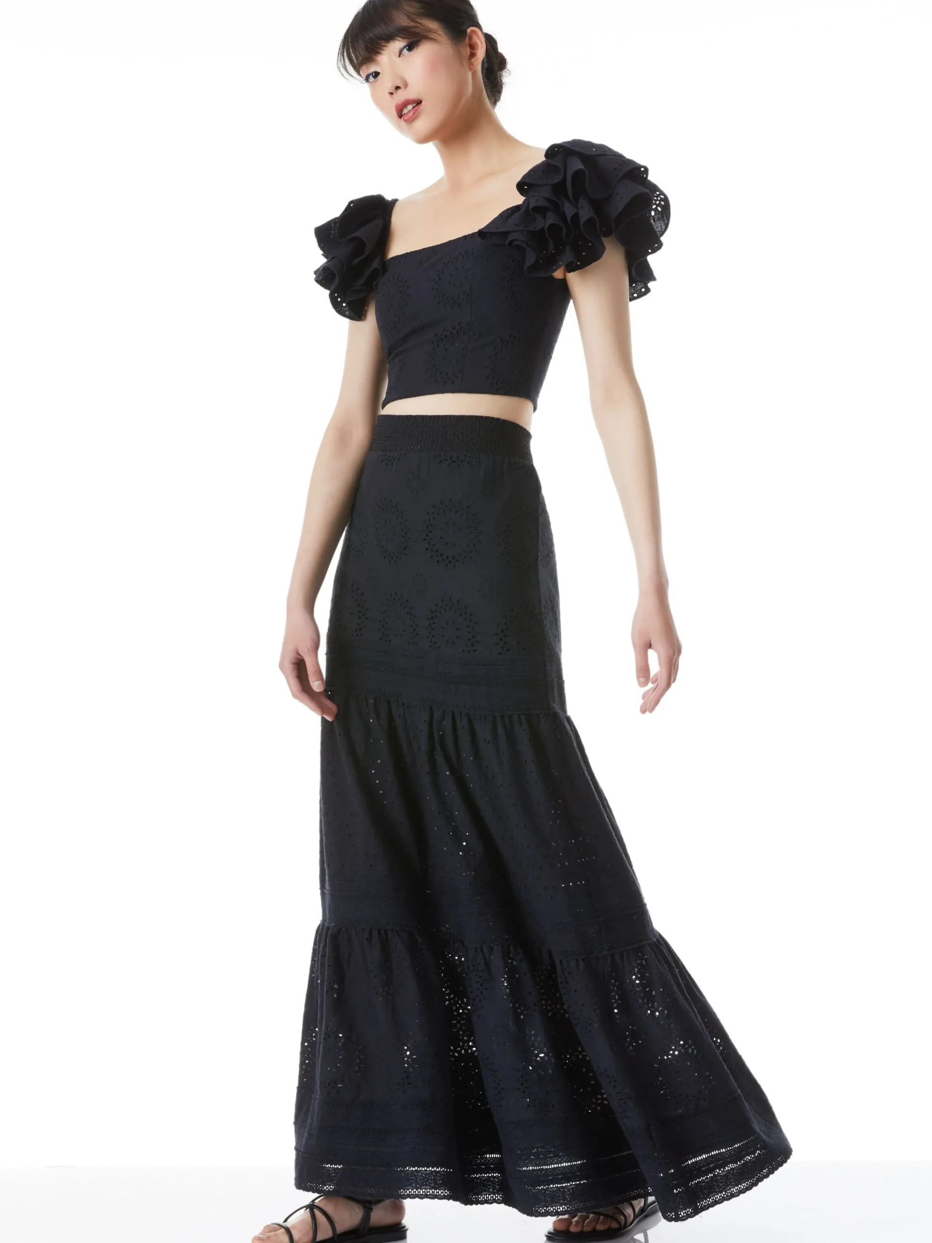 Alice and Olivia TAWNY EYELET SQUARE NECK RUFFLE CROP TOP BLACK*CLOTHING