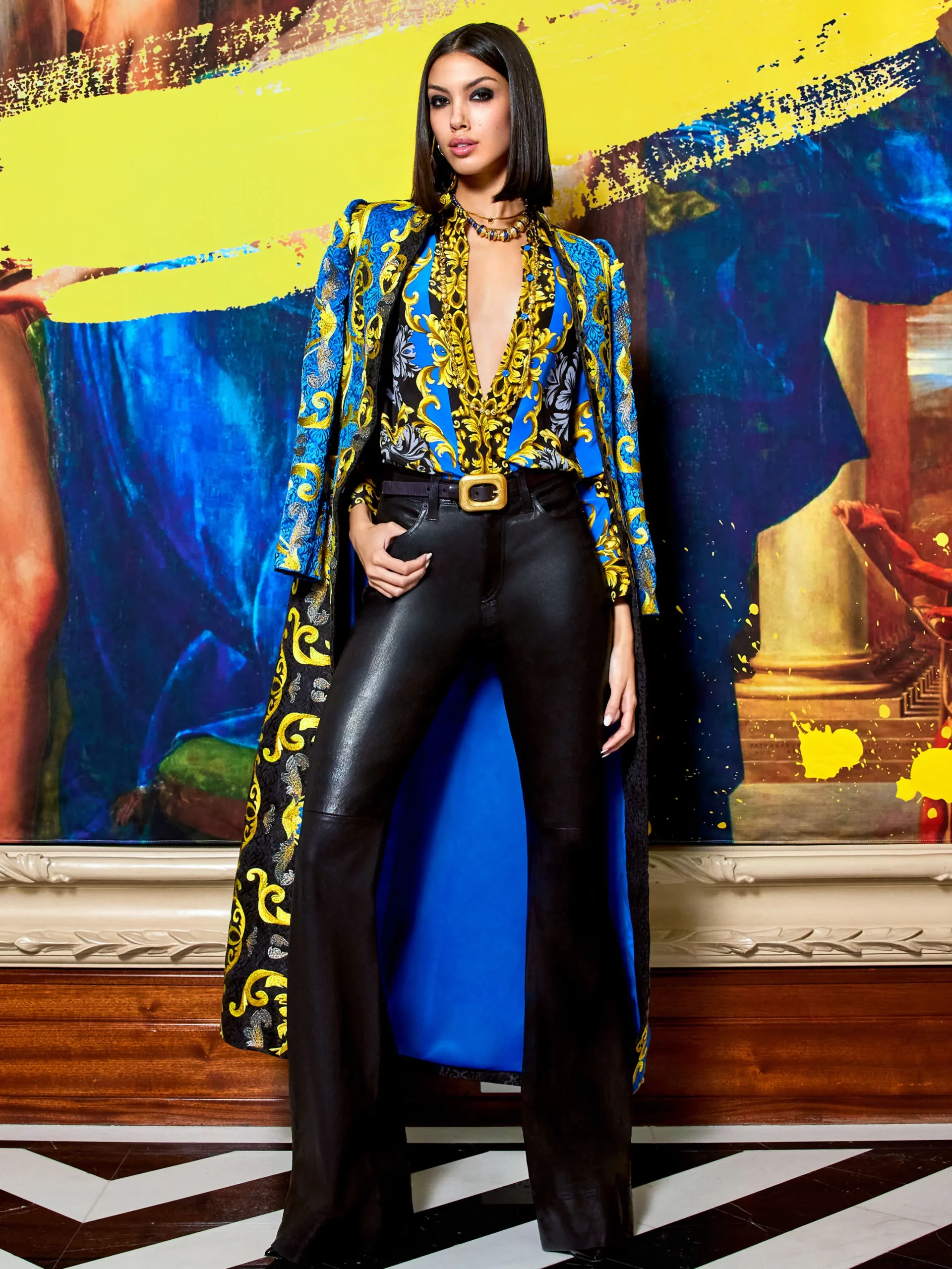 Alice and Olivia THOMAS EMBROIDERED MAXI COAT SAPPHIRE/BLACK*CLOTHING