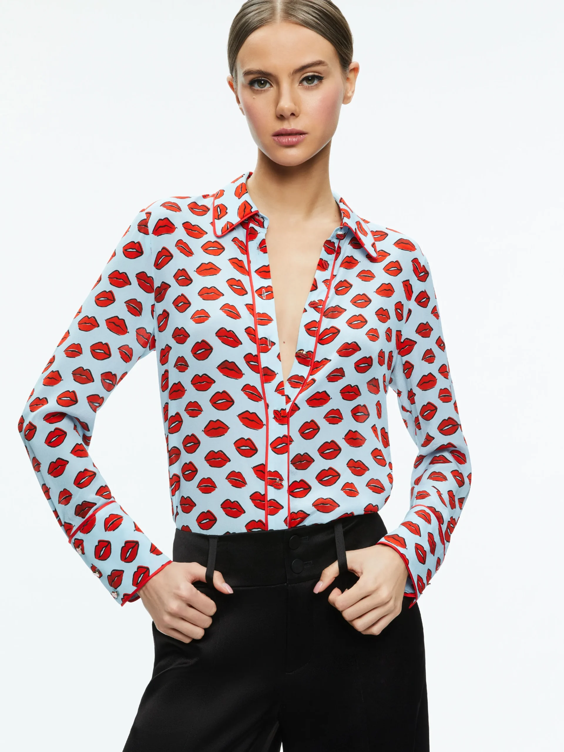Alice and Olivia WILLA PLACKET TOP WITH PIPING KISS KISS BLUE*FEATURED SHOPS | CLOTHING