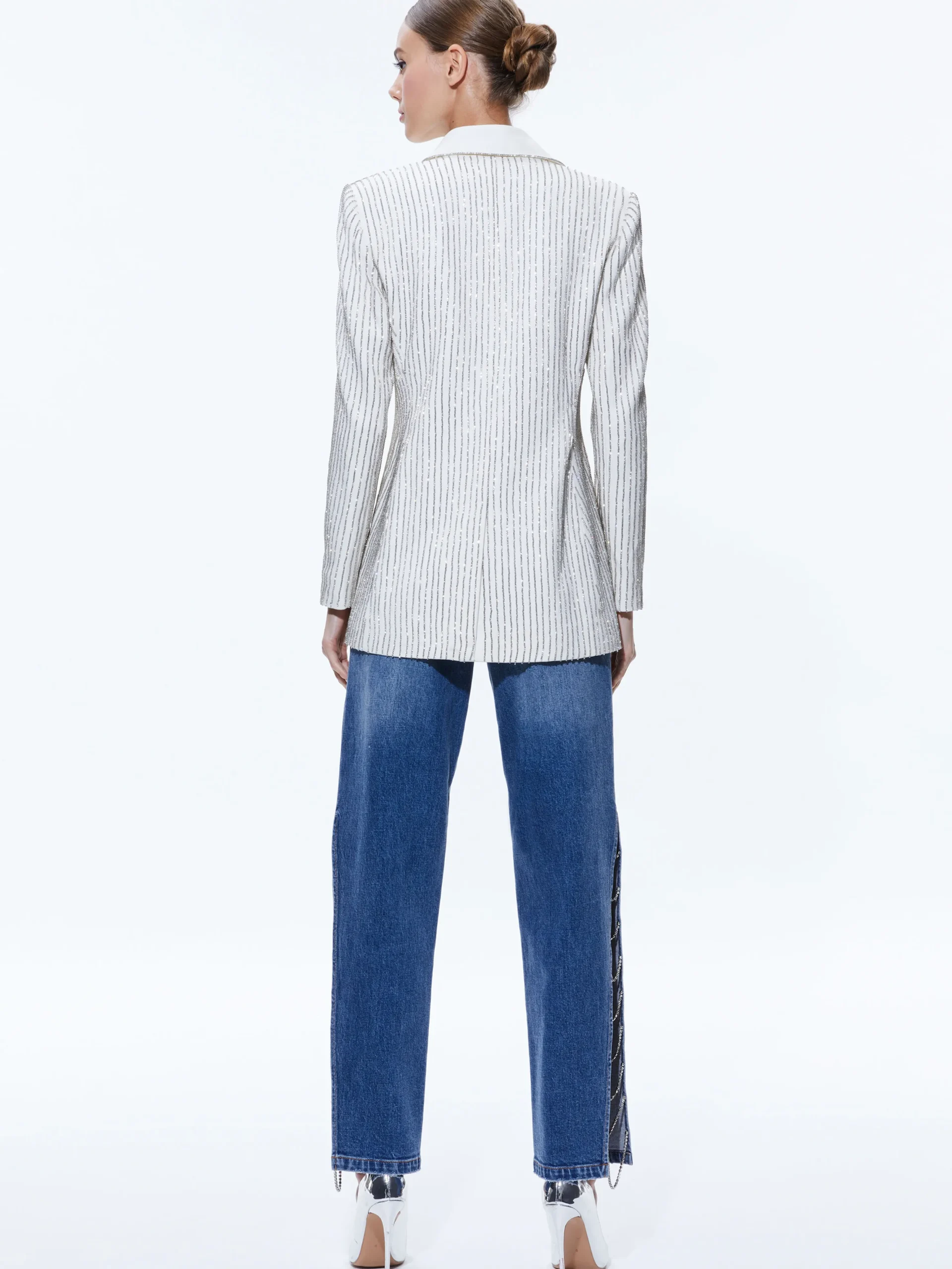 Alice and Olivia YONA PINSTRIPE EMBELLISHED BLAZER ECRU/CRYSTAL*CLOTHING