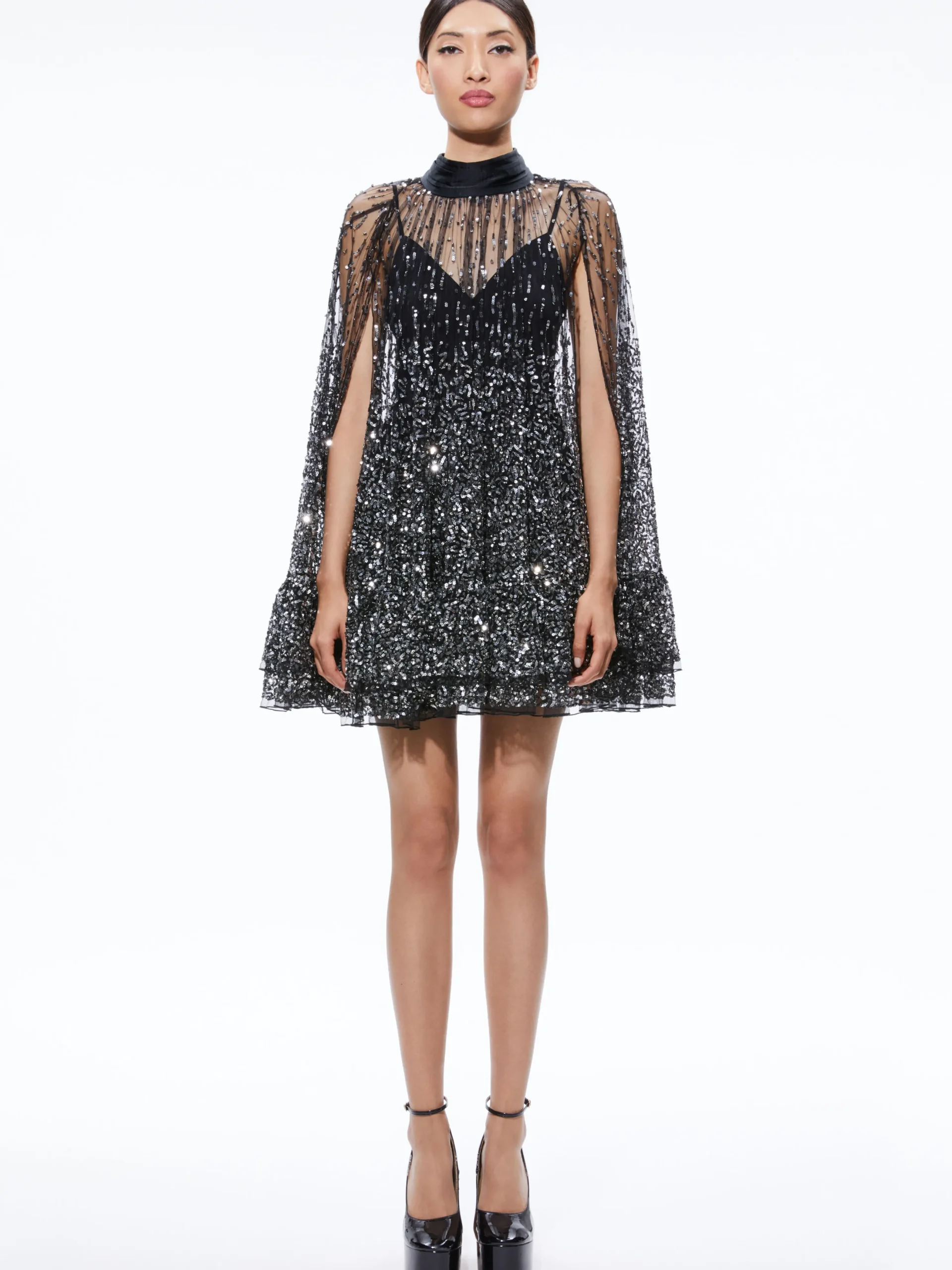 Alice and Olivia ZENON SEQUIN CAPE MINI DRESS BLACK/SILVER*DRESSES | DRESSES | CLOTHING